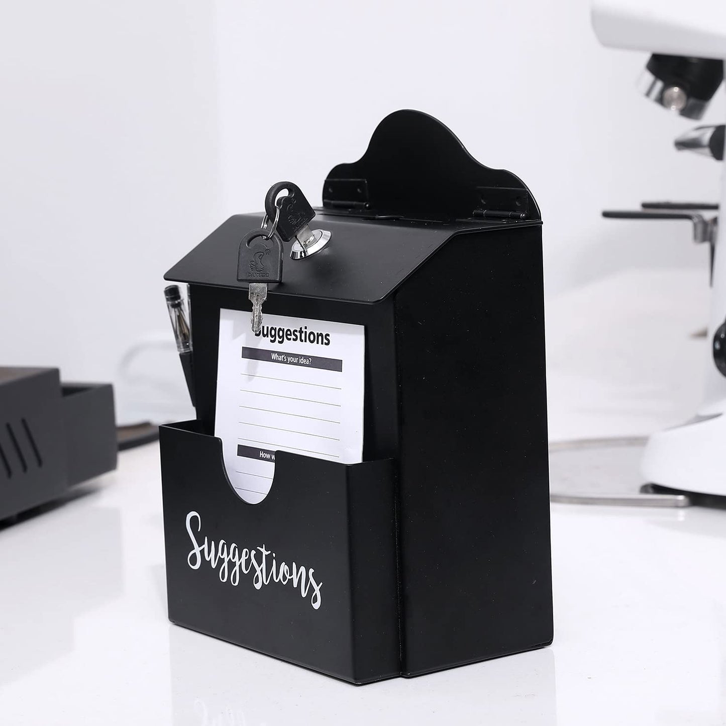 MyGift Suggestion Box with Slot and Lock, Donation Box for Fundraising, Complaint Case with Paper Sheet and Pen Holder Slots,Wall Mounted or Tabletop, Black Metal