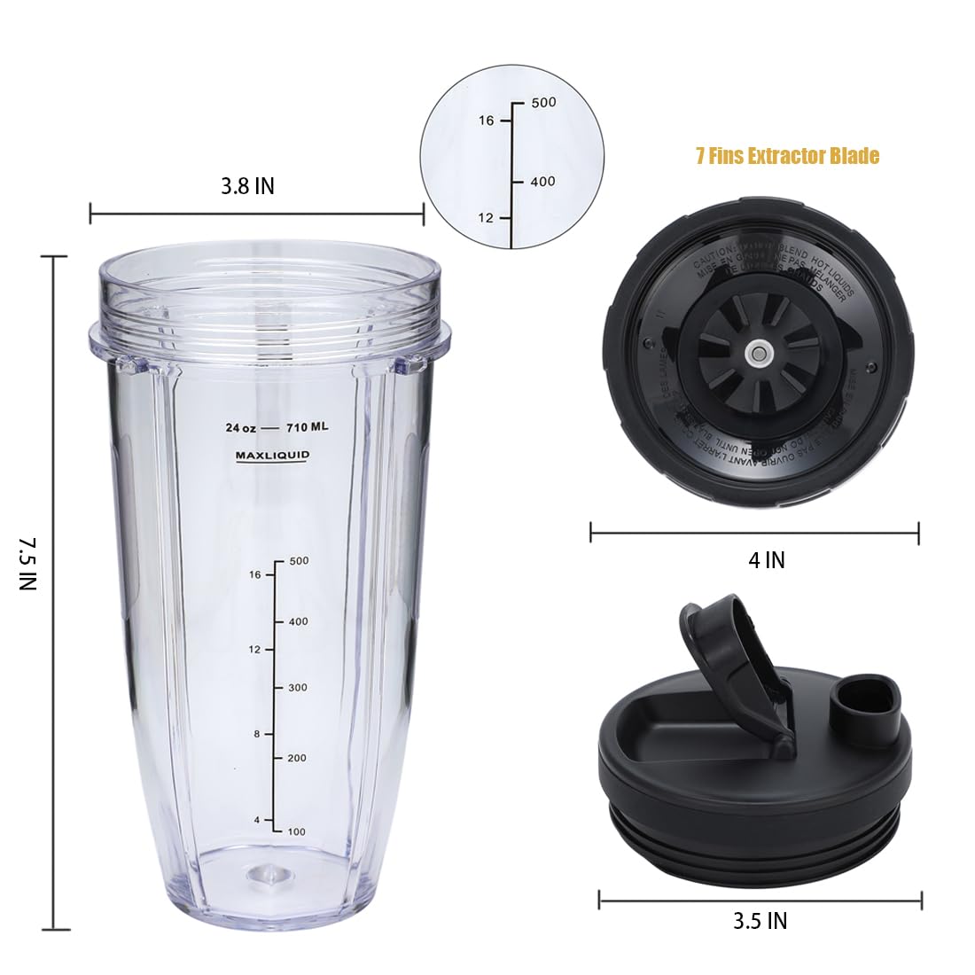 24oz Blender Cups and 7 Fins Blade for Ninja Nutri BN401, BN400, BN801, BN800, Replacement Cups with Sip and Seal Lids. (2Pcs 24oz Cups+1 Pc Blade)- BPA Free.