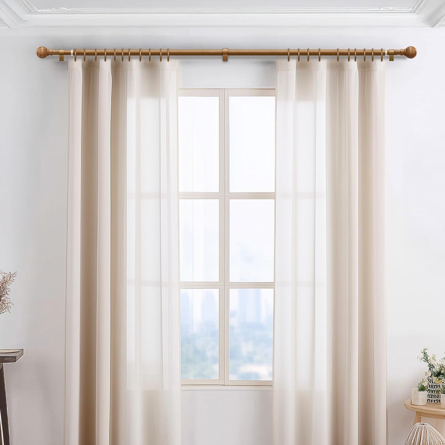 Boho Wood Curtain Rods for Windows 72 to 144 inch 1" Diameter Adjustable Heavy Duty Window Curtain Rod with Decorative Wooden Grain Finials Drapery Rods for Living Room Bedroom Kitchen Cafe Farmhouse