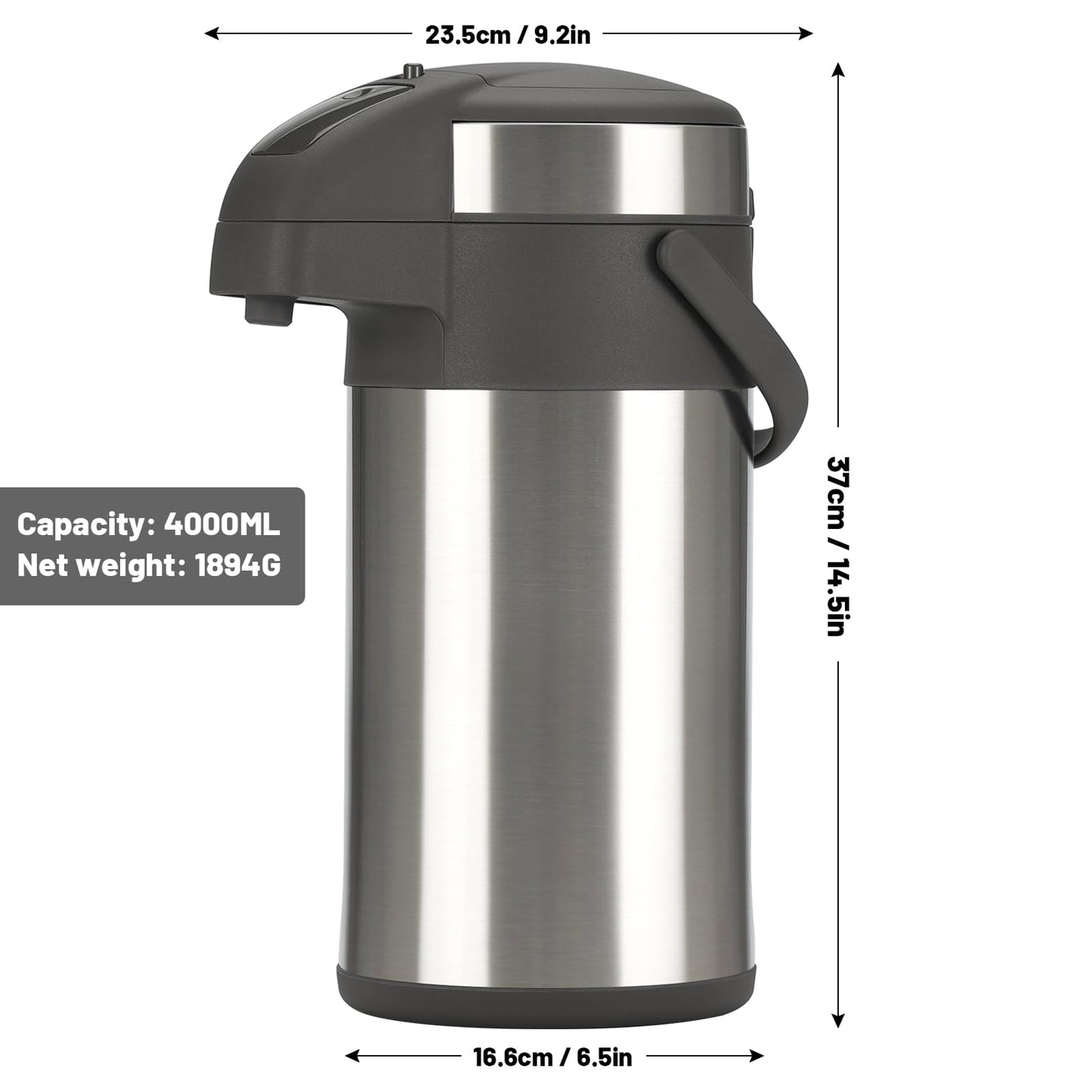 OJOJ 4L/133OZ Thermal Coffee Carafe with Pump, Thermal Beverage Dispenser, Coffee Airpot Stainless Steel Coffee Carafe for Hot Drinks Silver