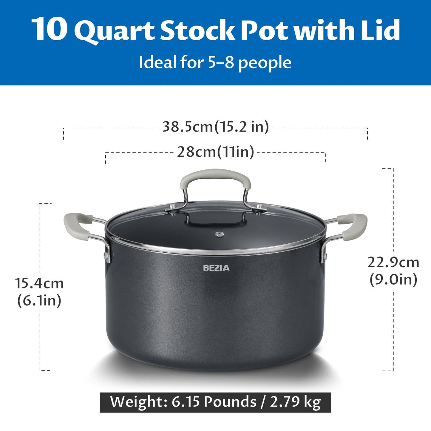 10 Quart Nonstick Stock Pot with Lid - BEZIA Ceramic Large Soup Pot, Big Pot with Silicone Handles, Easy Cleanup, Compatible with All Cooktops, Perfect for Roasts, Large Batches & Holiday Cooking