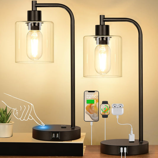 Set of 2 Industrial Touch Control Table Lamps with USB C+A Ports and AC Outlet - 3-Way Dimmable Black Bedside Lamps Nightstand Desk Lamps for Bedroom Living Room, Glass Shade & 2 LED Bulbs Included