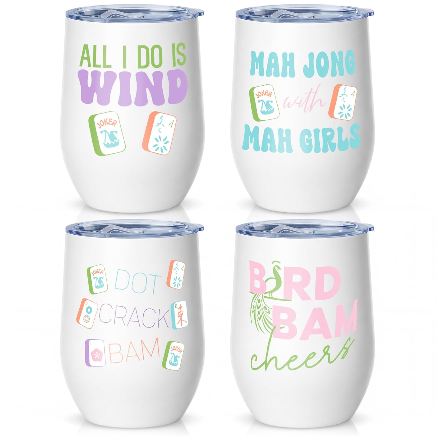 Patelai 4 Pcs Mahjong Tiles Accessories Tumbler, Mah Jong Gifts Stainless Steel Tumbler with Lid and Straw 12oz, Gifts for Mah Jong Players Lovers Travel Coffee Cup(12 oz,Cute Mahjong)