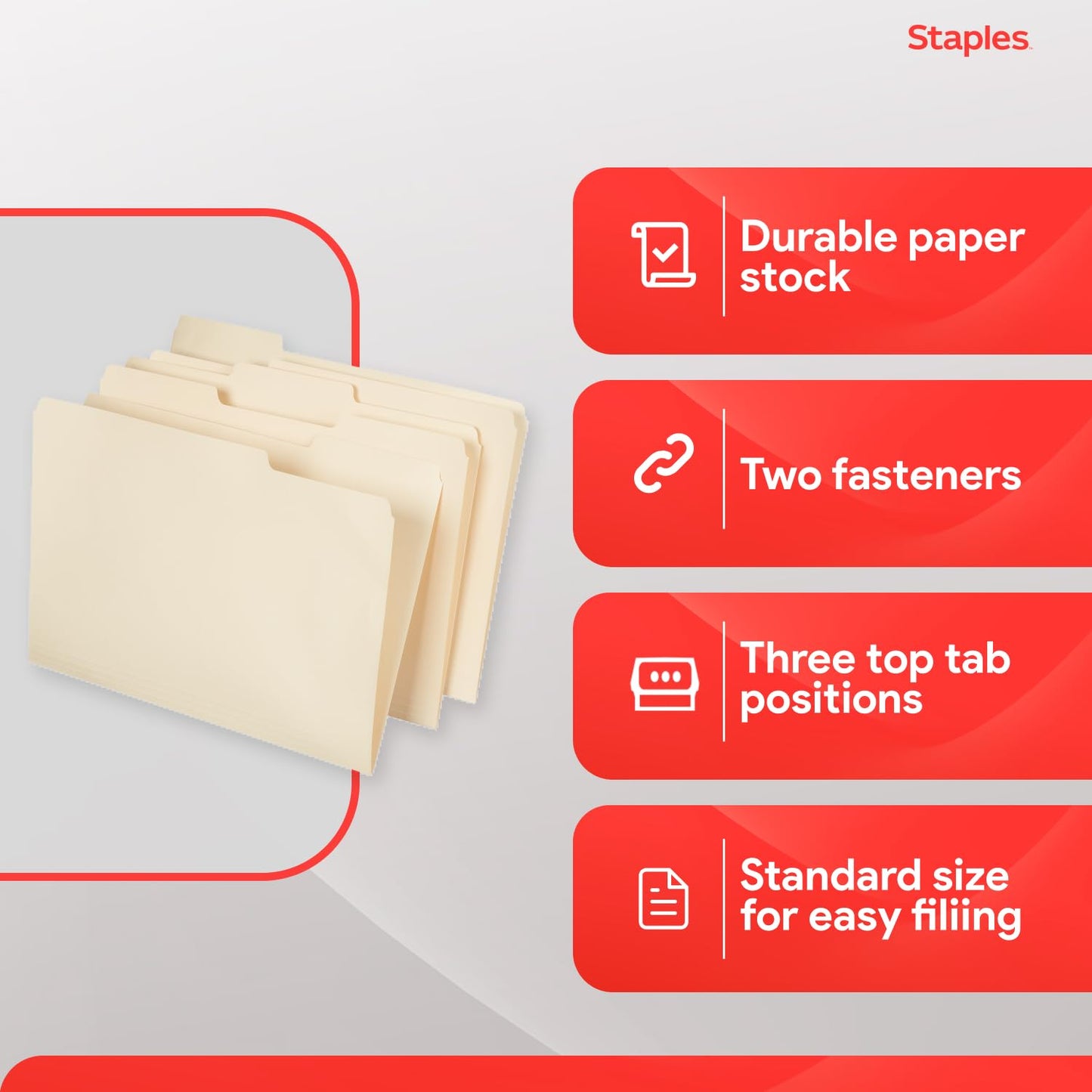 Staples Reinforced Tab Fastener Folder, Letter Size, Manila Pressboard, Durable Construction, 50/Pack