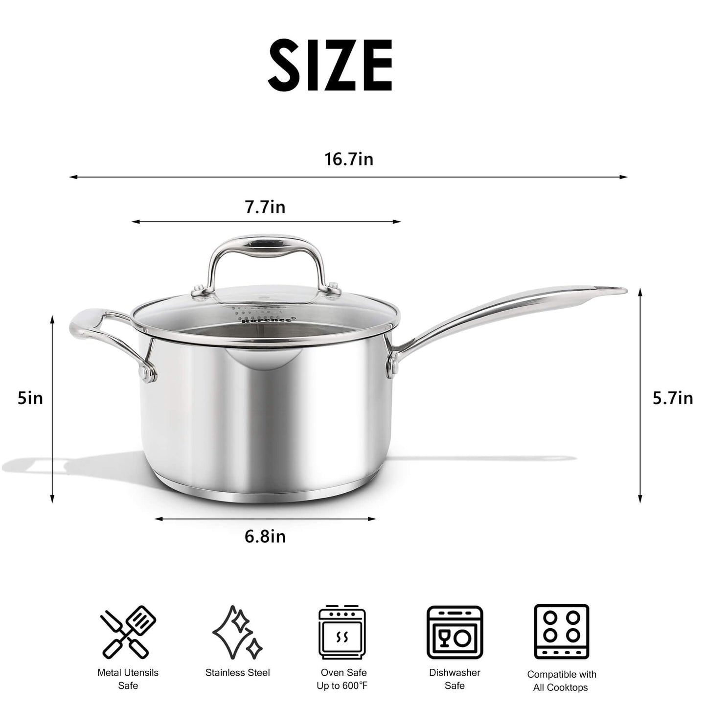 Rorence Stainless Steel Saucepan Sauce Pan with Pour Spout & Glass Lid with Strainer - 3.7 Quart