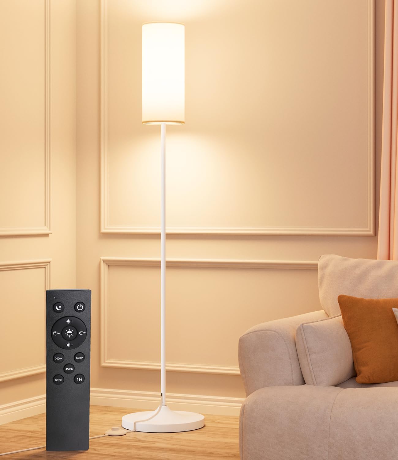 luckystyle LED Floor Lamp for Living Room, Dimmable Standing Lamps with Foot Switch,Remote Custom Color Temperature White Pole Lamp with Lampshade,12W Led Bulb Tall Lamps for Bedroom Office Kid Room