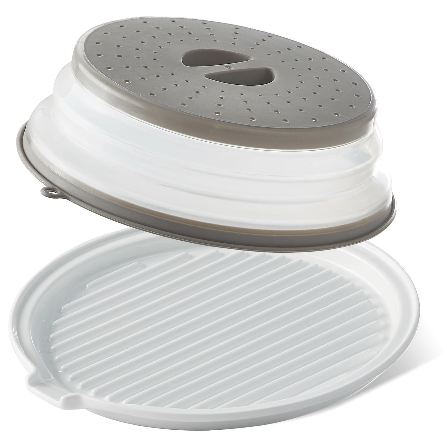 ONEMORE Microwave Bacon Tray with Lid Ceramic Bacon Cooker Meat Rack for Oven Cooking Crispy Bacon Maker with Cover - 11 inch Round Bacon Dish Plate, White