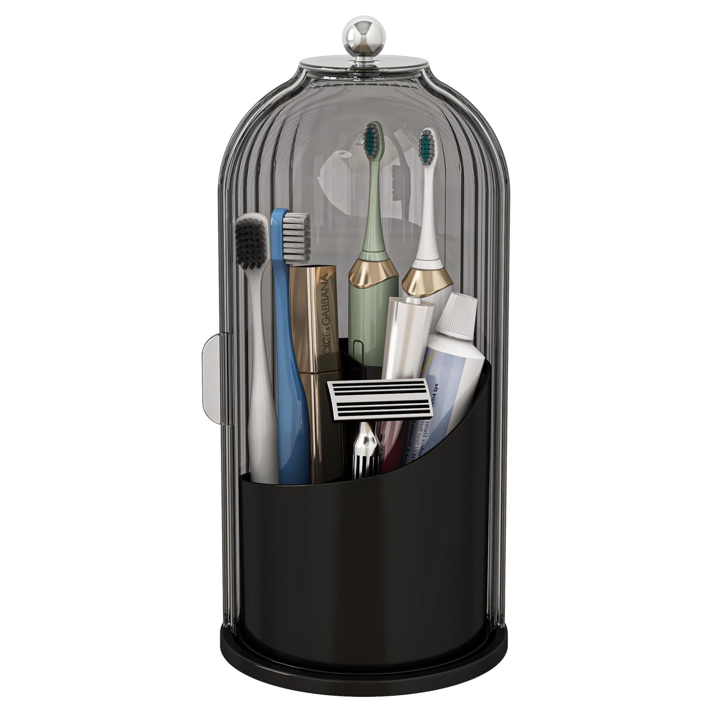 Zufudo Dustproof Toothbrush Holders with Cover, Rotating Electric Toothbrush and Toothpaste Holder for Bathroom Countertop, 3 Slots Makeup Brushes Organizer, Grey Black