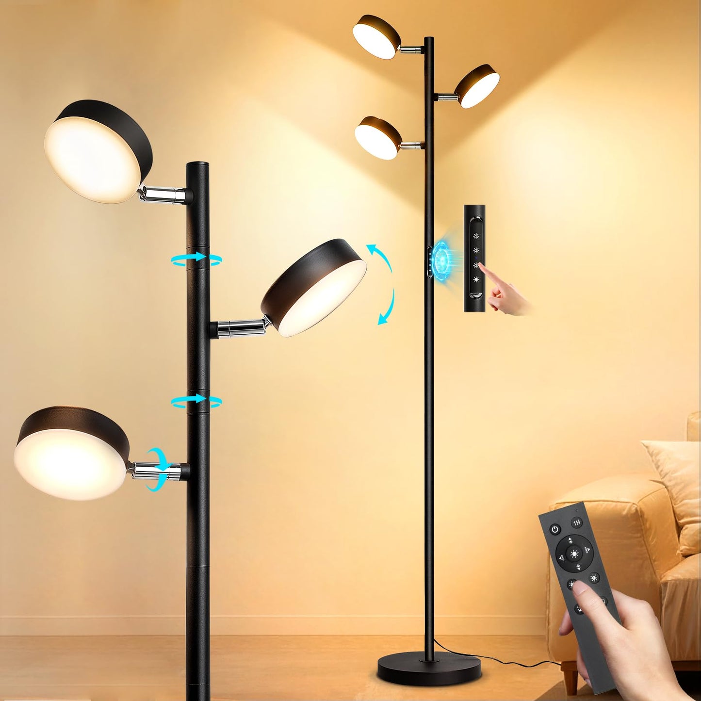 Benaep Tree Floor Lamp for Living Room - Modern Black Standing Lamp, LED Floor Light with Remote & Touch, 3000K-6000K Dimmable for Bedroom Office Reading (3 Head)