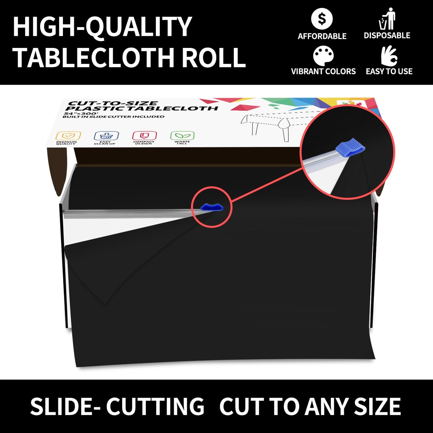 CXPSINC 54 Inch X 300 Feet Plastic Table Cover Roll Disposable Tablecloth with Slide Cutter for All Type/Shape Tables | Party, Banquet, Birthdays, Weddings(Black, 300 Feet)