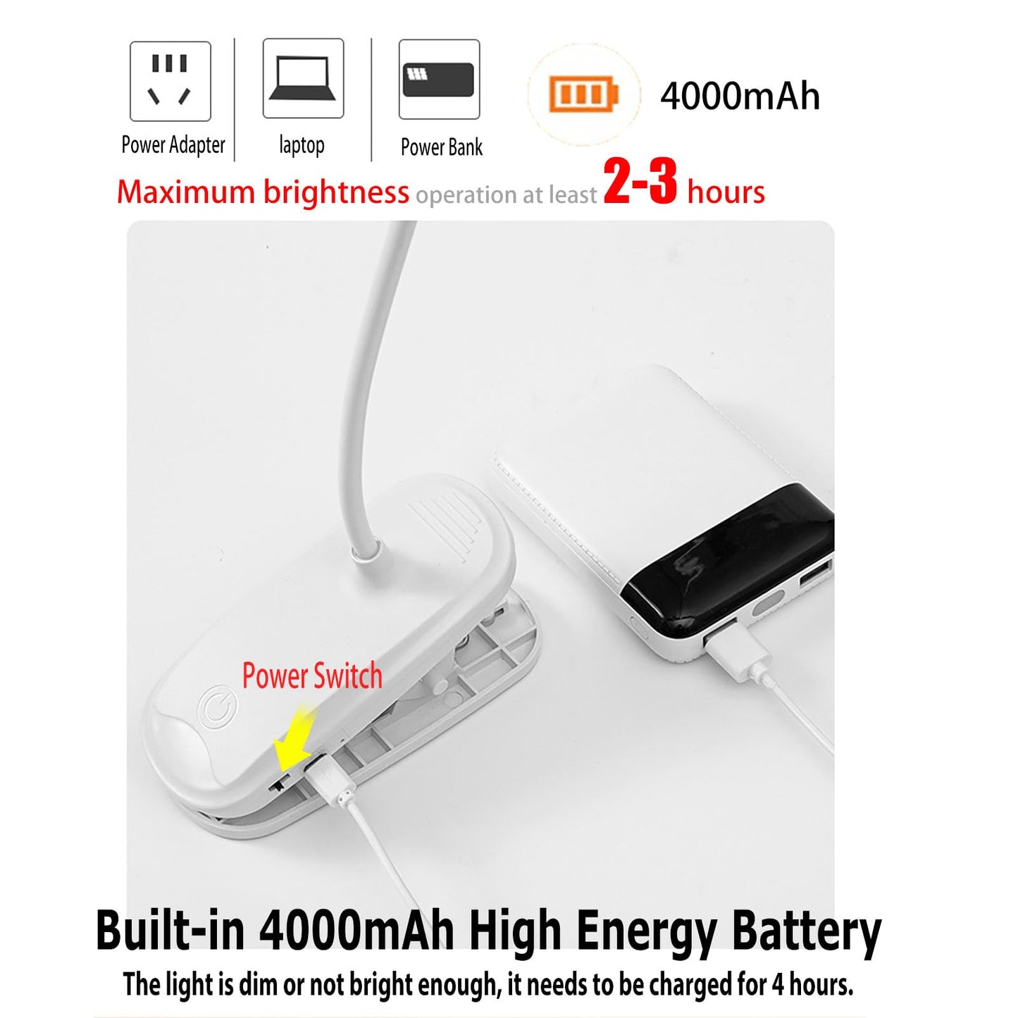 GcSige Dual Head LED Desk Lamp with Clamp, Eye-Caring Clip on Lights for Home Office, 4000mAh Rechargeable Battery Operated Table Lamps,3 Lighting Modes & Brightness Dimmer Light for Students (4000)