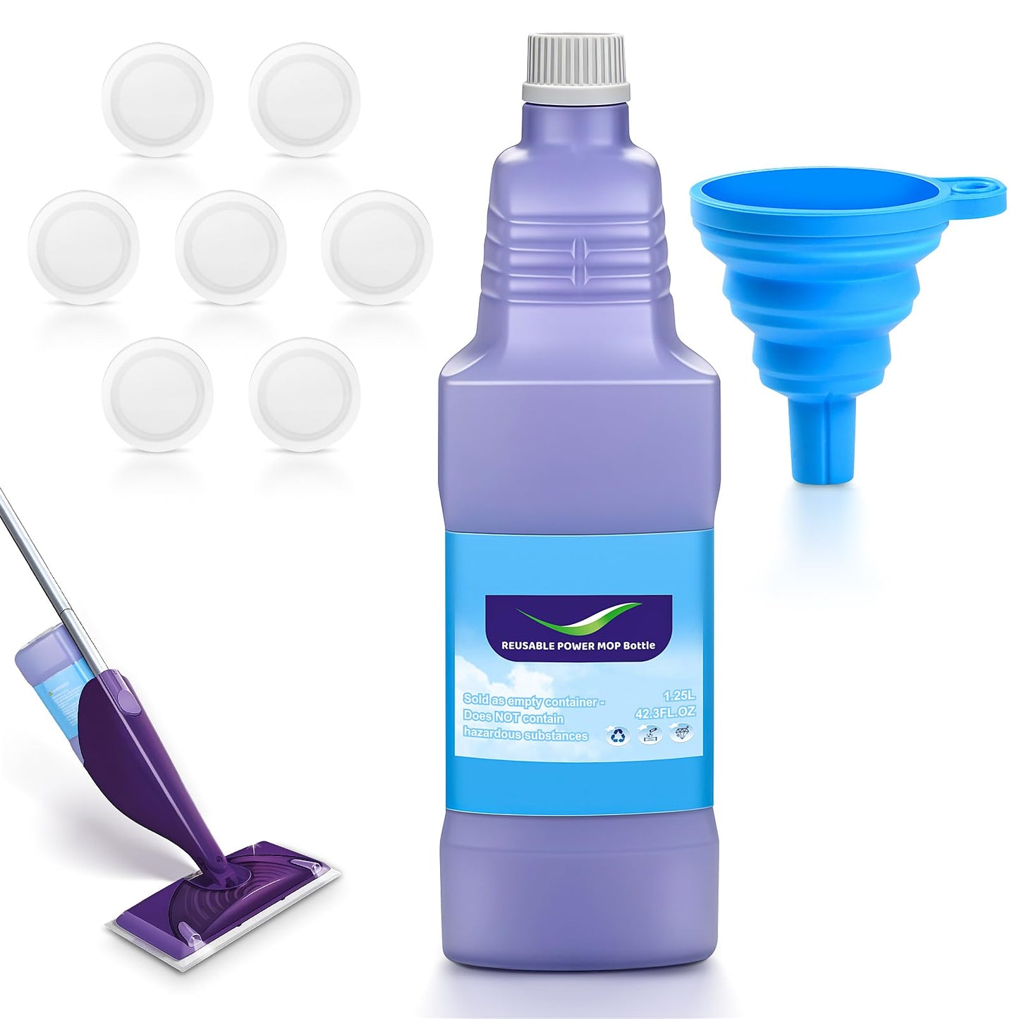 Refillable Replacement Bottle for Swiffer® Wet Jet™ Mop, 1250ml /42 oz, Empty, Leak-Proof HDPE Cleaner Solution Refill Bottle with 7 Silicone Gaskets & 1 Foldable Funnel