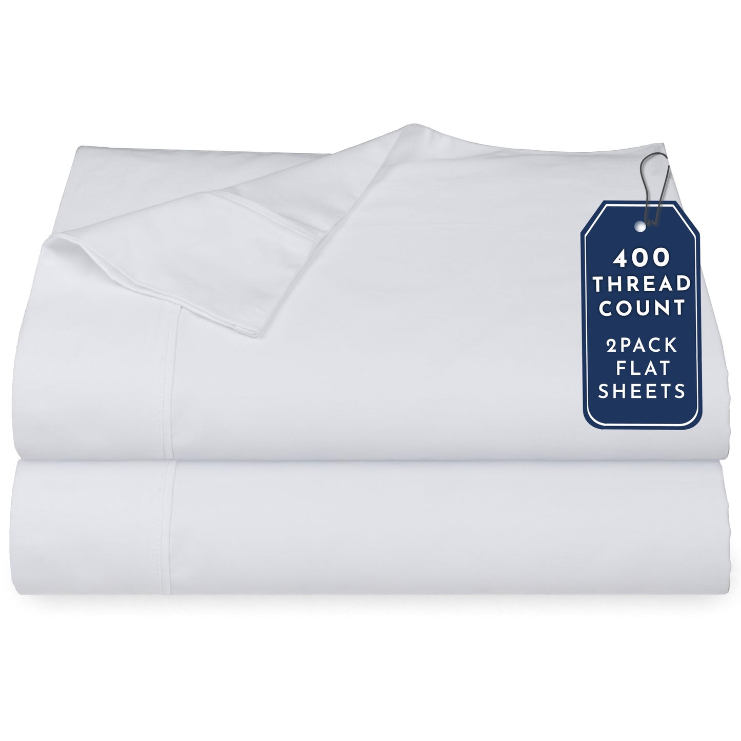 California Design Den Twin Flat Sheets Only Pack of 2-400 Thread Count, 100% Cotton Sateen, Soft and Breathable Top Sheet Only Pack, Elegant 4" Hem Style - White