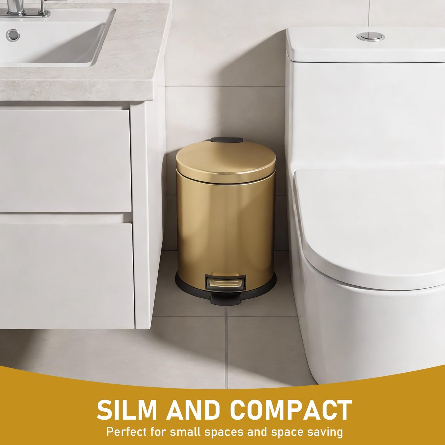 SIMPLYKLEEN Bathroom Trash Can with Lid - 2PC 1.3 Gallon/ 5L Oval Small Trash Can with Soft-Close Lid, Foot Pedal, Brushed Stainless Steel, Removable Liner, Garbage can for Kitchen, Office, Home Gold
