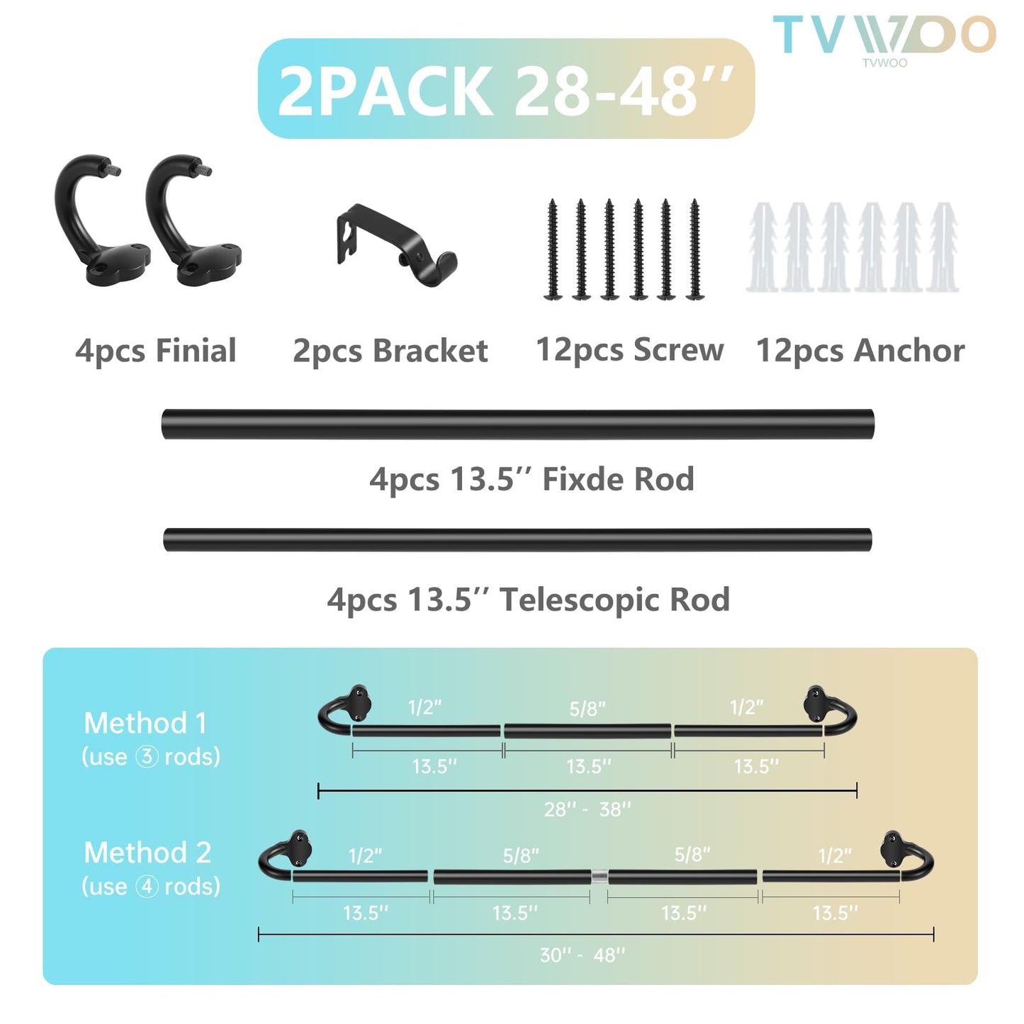 TVWOO 2 Pack Wrap Around Curtain Rods, 28 to 48 Inch, 5/8 Inch Adjustable Blackout Curtain Rod Set, Room Darkening Window Rod, Metal Thicken Hidden Curved Drapery Rod, Matte Black