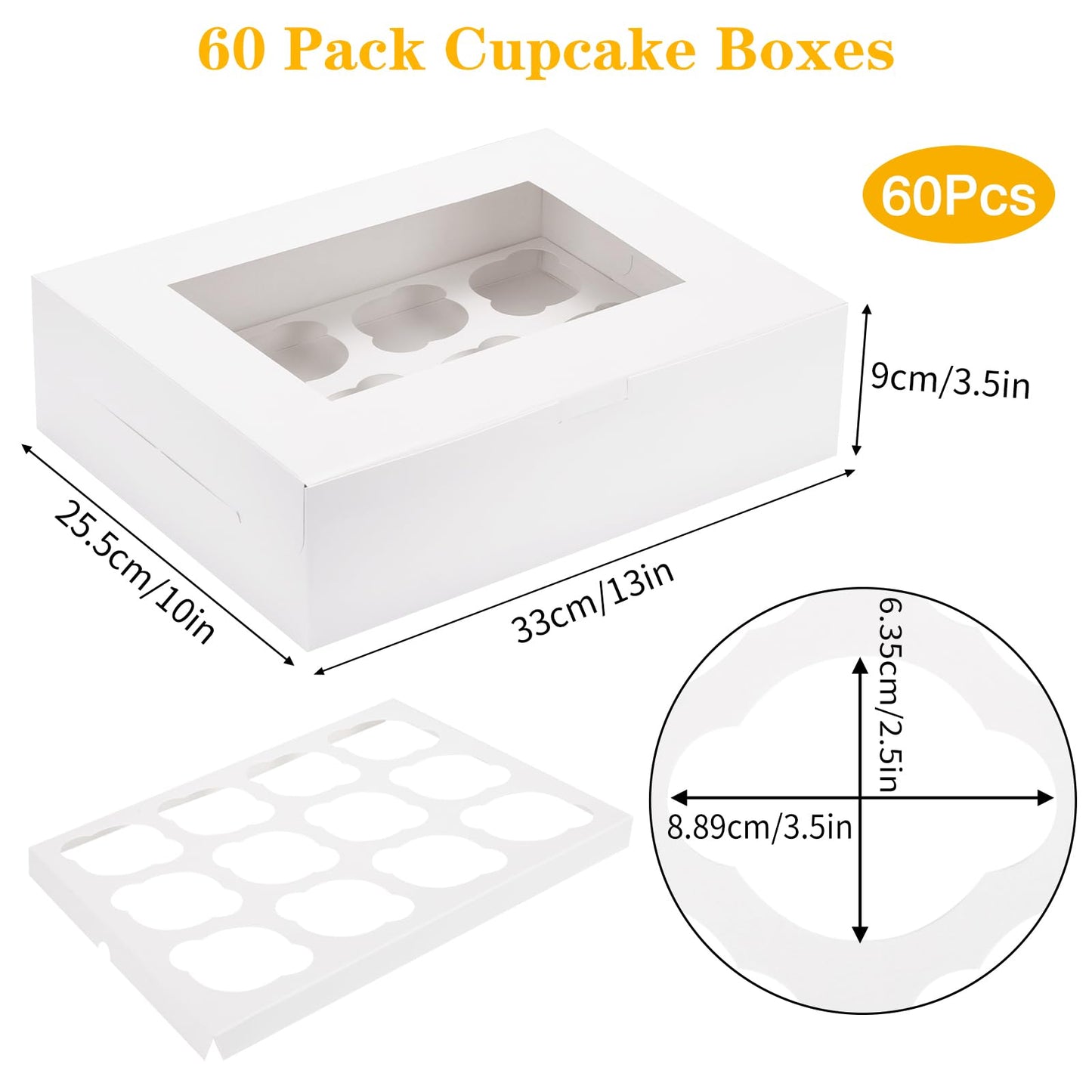 Moretoes 60PCS Cupcake Boxes with Window,Hold 12 Count Graduation Cupcake Containers for Grad Party Dessert Packaging (White)