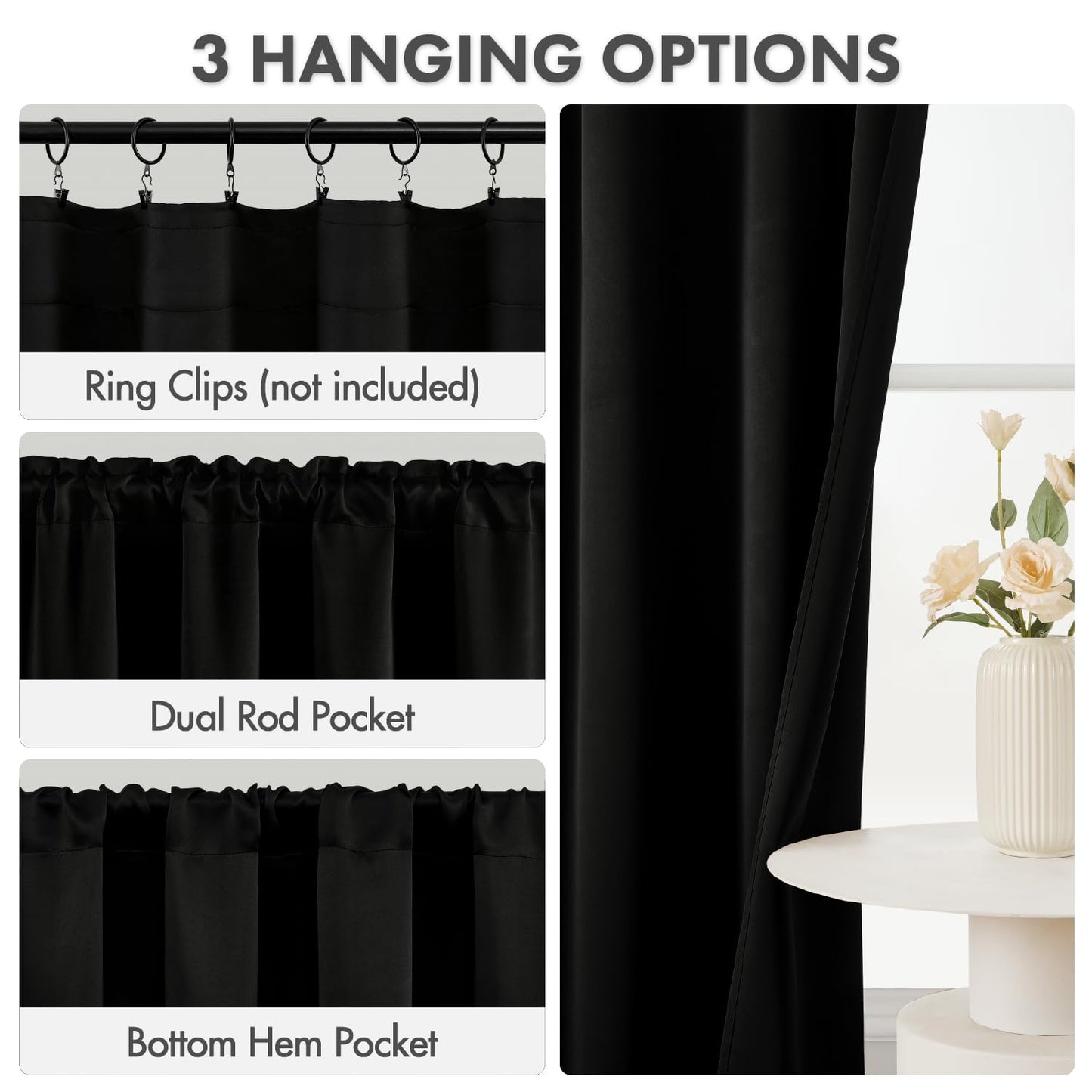 MIULEE Blackout Curtains 4 Panels Sets Black 63 Inch Length, Top and Bottom Rod Pocket Room Darkening Curtains for Bedroom Windows, 4 Pack Solid Thermal Insulated Light Blocking Curtain Drapes