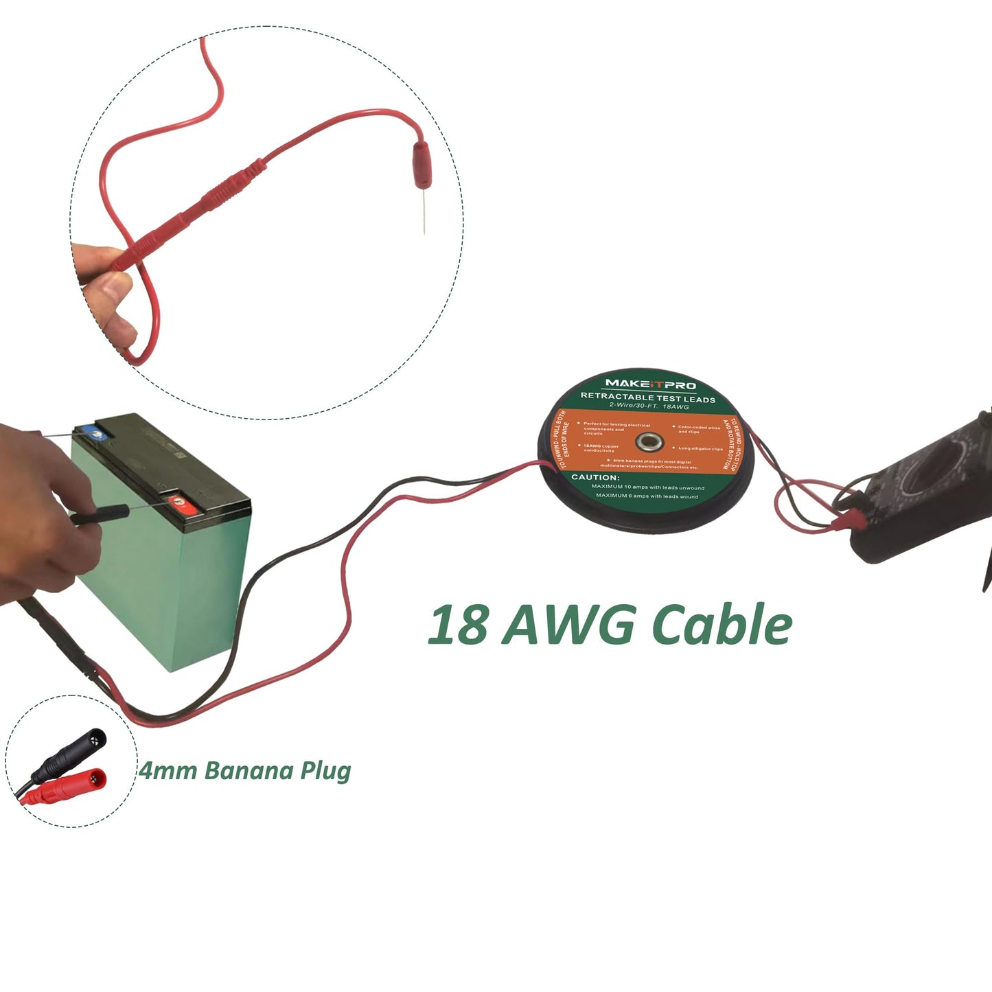 MAKEITPRO 2 Wires 30FT 18AWG Retractable Test Leads with Cable Bag and Dual Ended Electrical Alligator Clips Test Probe Lead Wire Cables for Circuit Connection/Electrical Testing and Troubleshooting