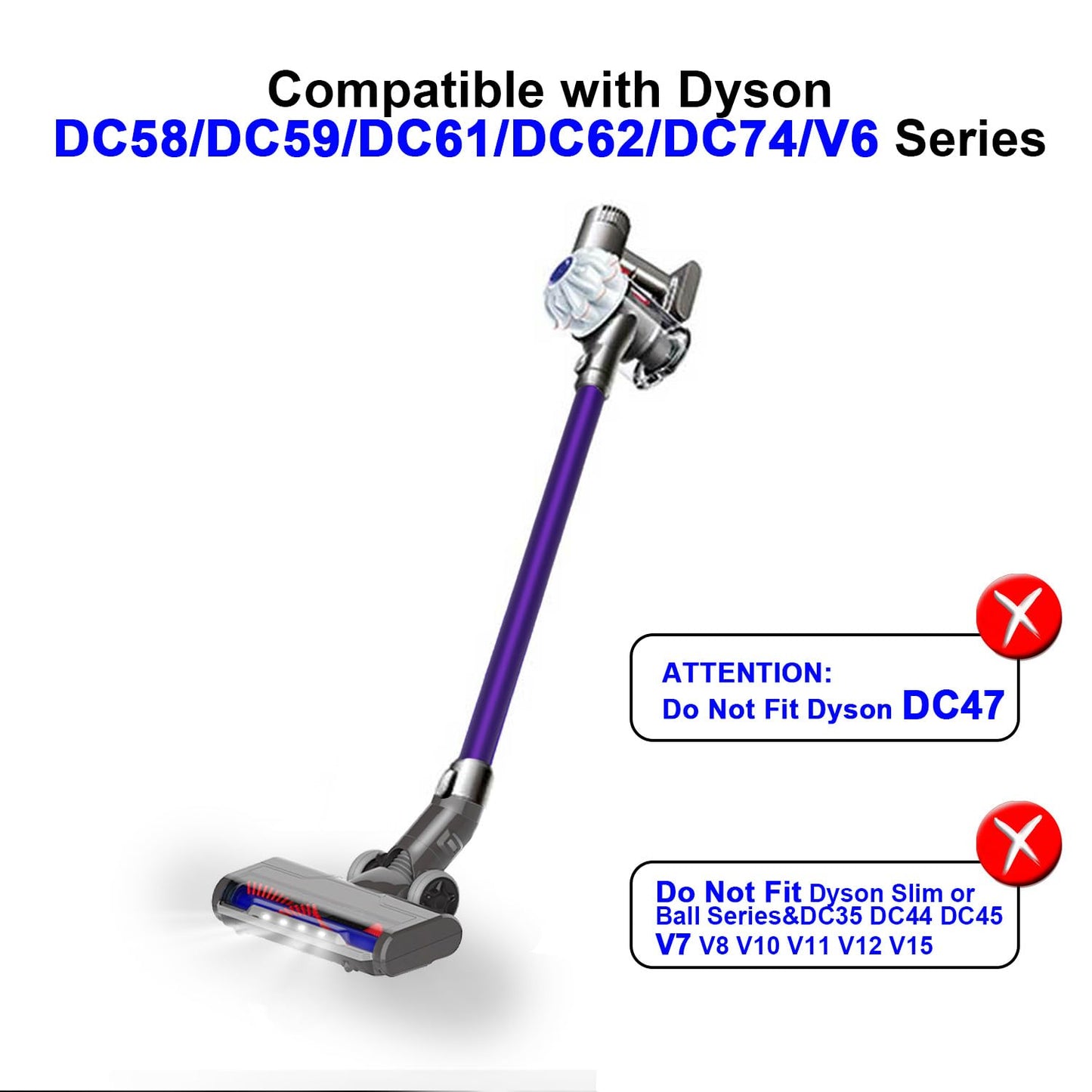 Upgraded Hardwood Floor Vacuum Attachments with Headlights for Dyson V6 DC59 DC61 DC74 , Replacement Parts Motorhead,Soft Roller &PP Bristle Motorized Brush Accessories for Tile,Carpet,Rug Cleaning.