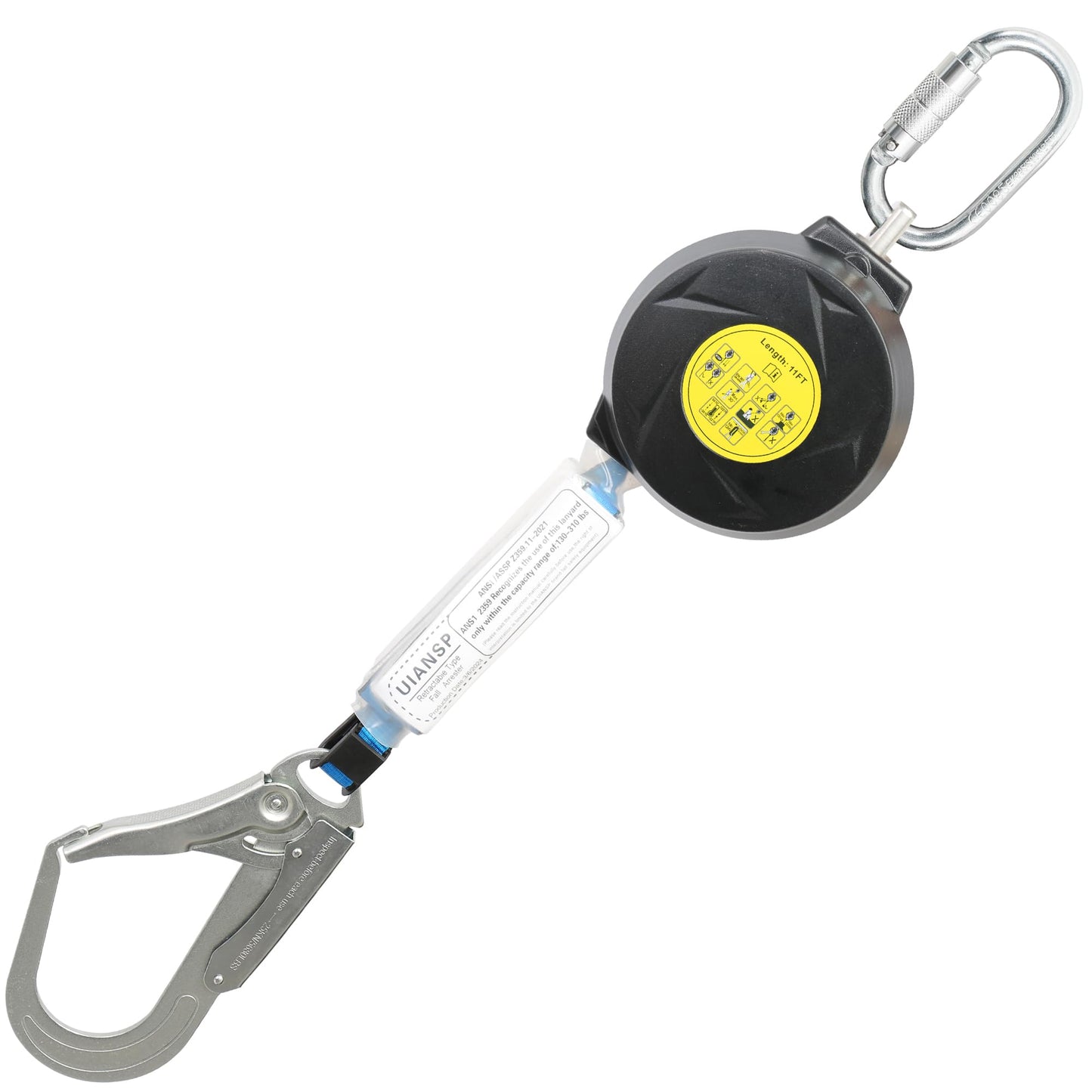 11FT Self Retracting Lifeline Fall Protection Retractable Safety Lanyard Rectracting Lifeline Personal Fall Arrest Protection ANSI Self Retractable Gear for Roofing Construction(Big Hook)