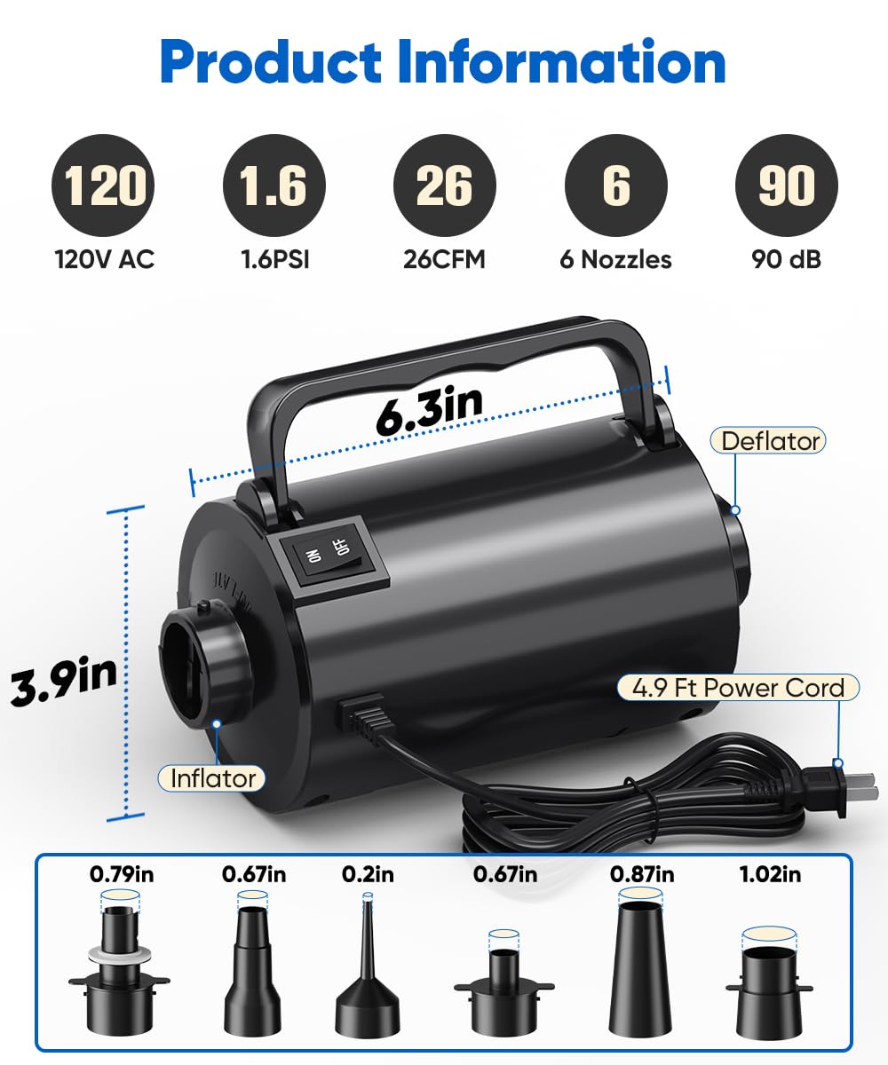 Lotspasie Electric Air Pump with Hose for Inflatables, High Power Inflator Deflator Blow Up Pump with 6 Nozzles, Pool Toy Float Pump for Pool Floats, Air Mattress, Toys, Gym Mat, 320W, 1.5PSI, 120V AC