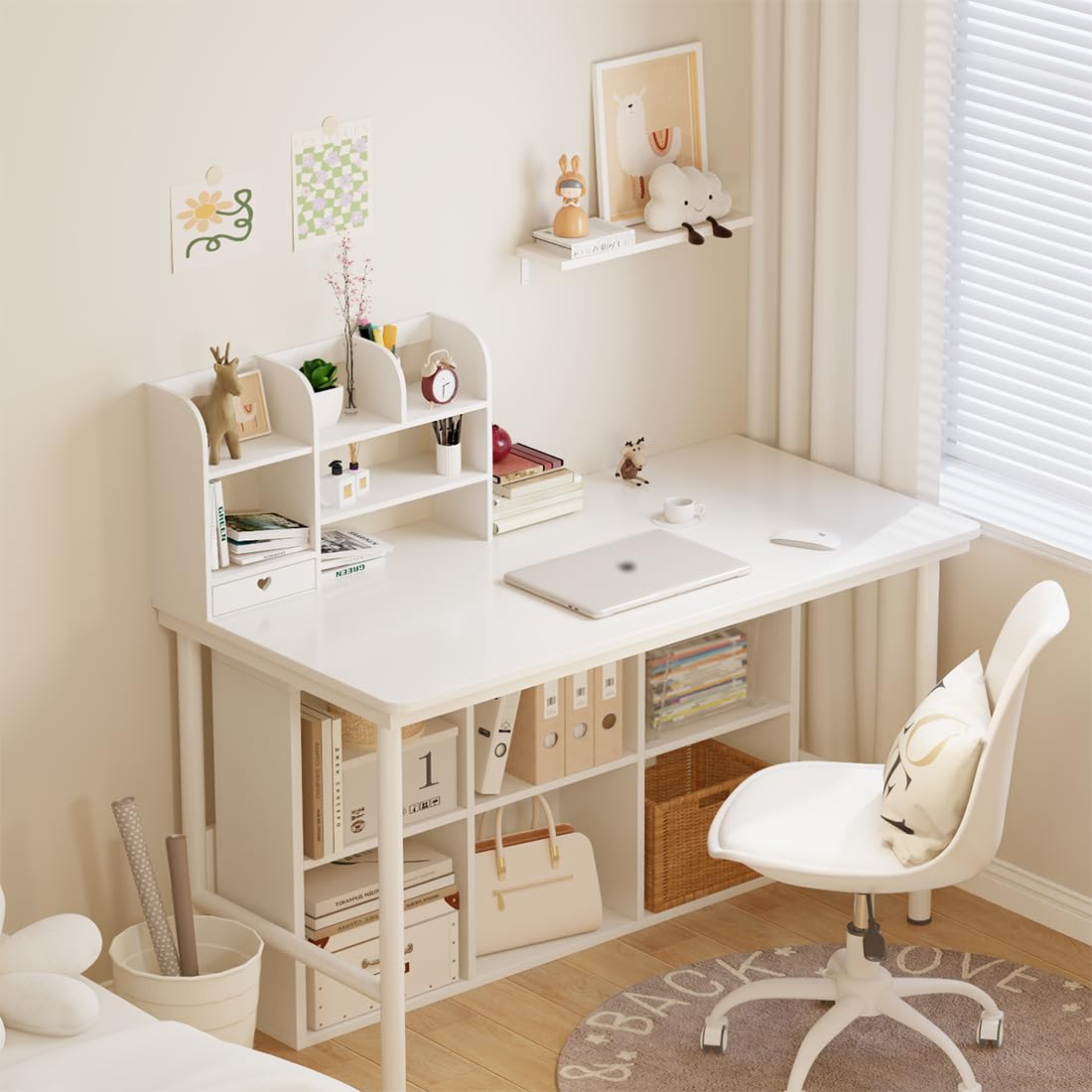 CONKAWACA Cute Bookshelves Cute Bookshelf for Desk Kawaii Desk Organizer with Drawer Office Desk Organizers and Accessories Storage Home Decor Display (White)