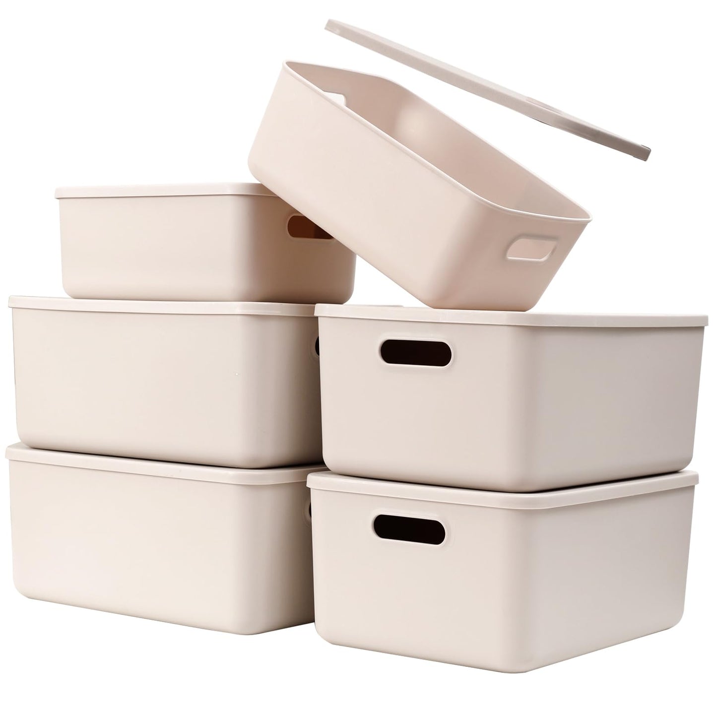 Yishyfier Plastic Storage Baskets With Lid Organizing Container Lidded Knit Storage Organizer Bins for Shelves Drawers Desktop Closet Playroom Classroom Office (4M+2S, Light grey)