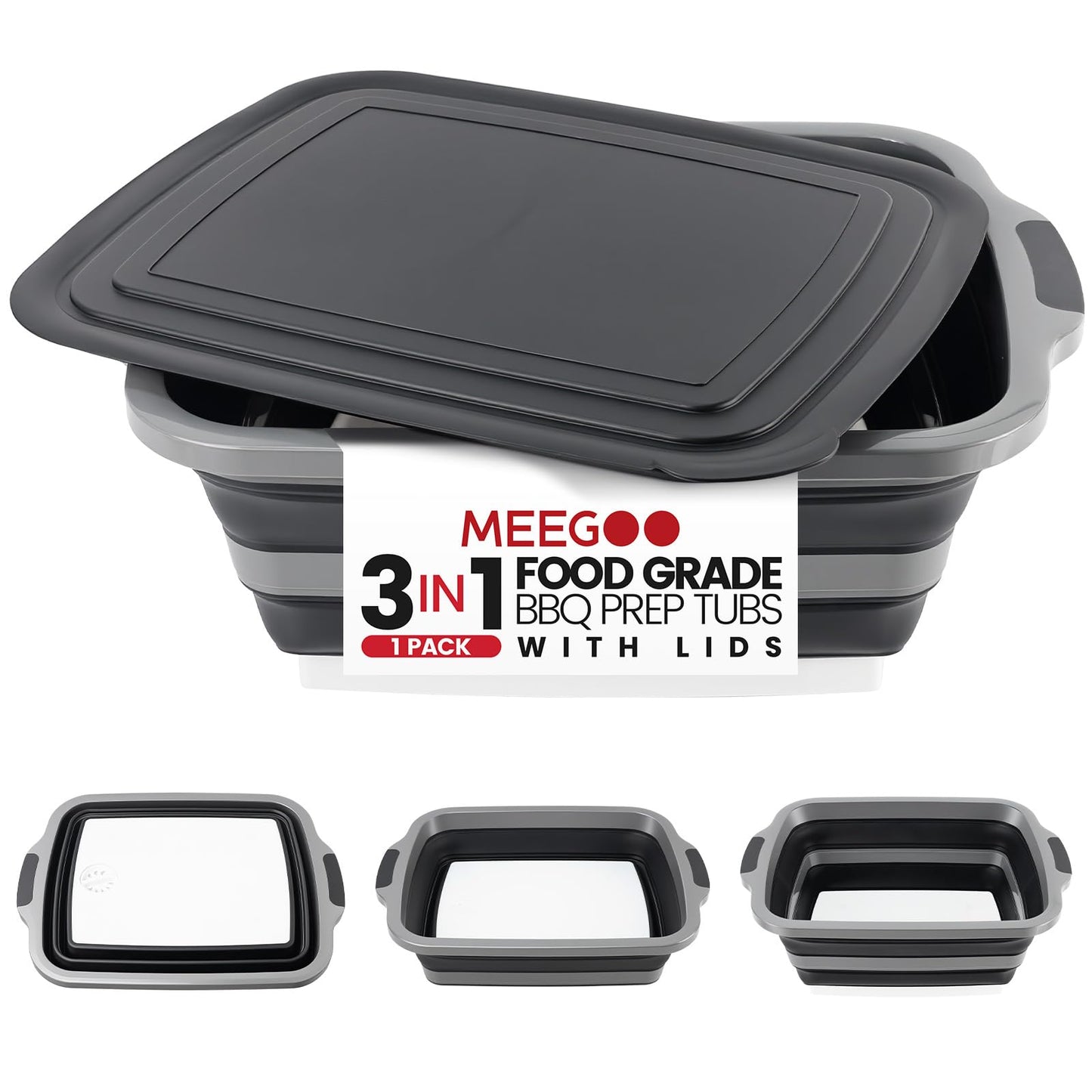 BBQ Prep Tub 3-IN-1 Large 30L Collapsible Cutting Board with Lid for Grill Meal Prep Marinating Food, Camping Sink with Colander, Dish Basin, Storage Blanket for Camping Picnic BBQ Grilling, Black