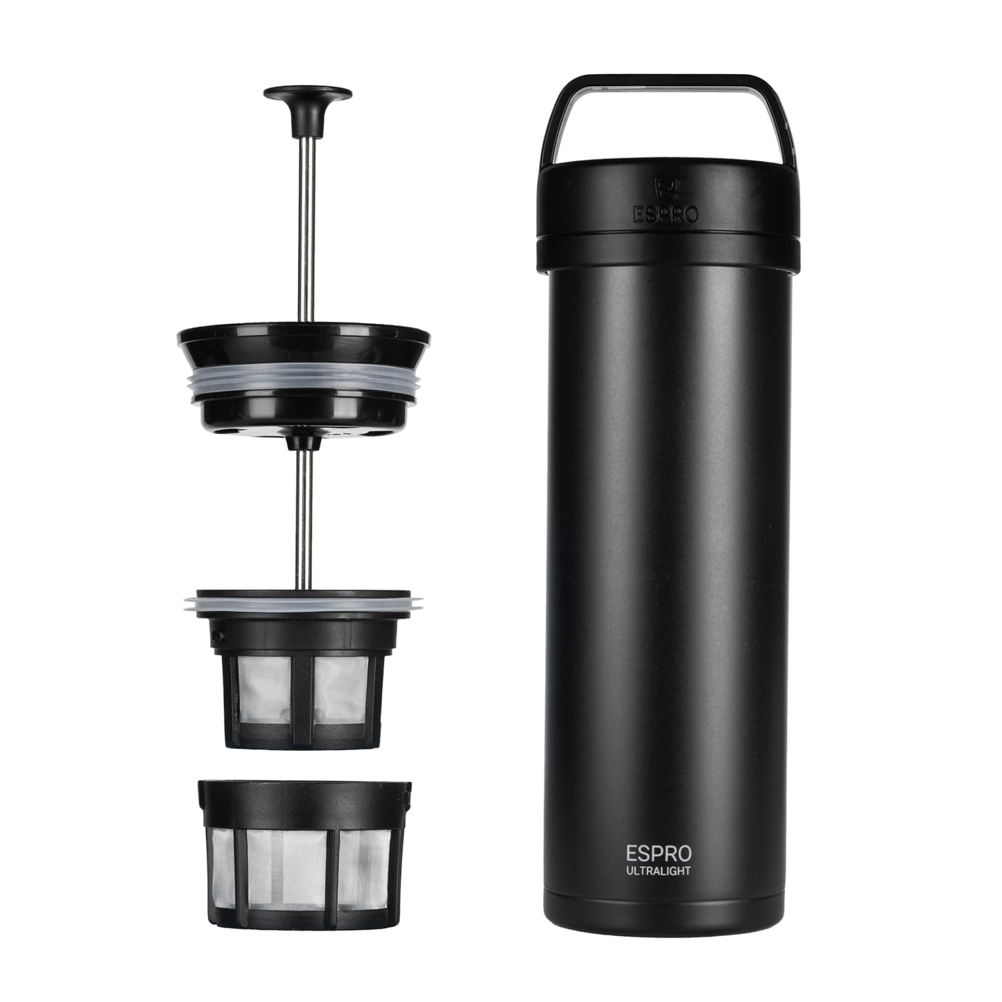 ESPRO Go P0 Ultralight French Press Coffee Maker for Travel, Vacuum Insulated Stainless Steel, 16 Ounces, Matte Meteorite Black