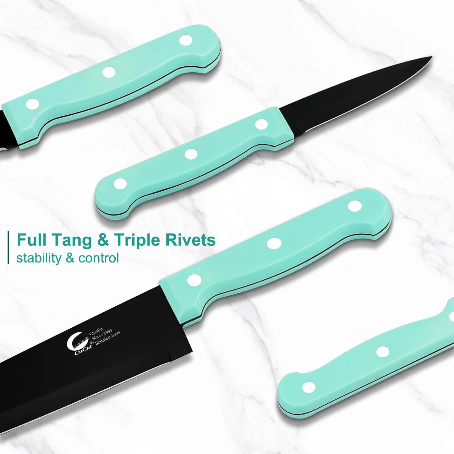 CuCut 16-Piece Kitchen Knife Set with Block - High Carbon Stainless Steel Knives, Black Non-Stick Coating, Triple Riveted Forged Turquoise Handle, Dishwasher Safe, Includes Knife Sharpener, Scissors