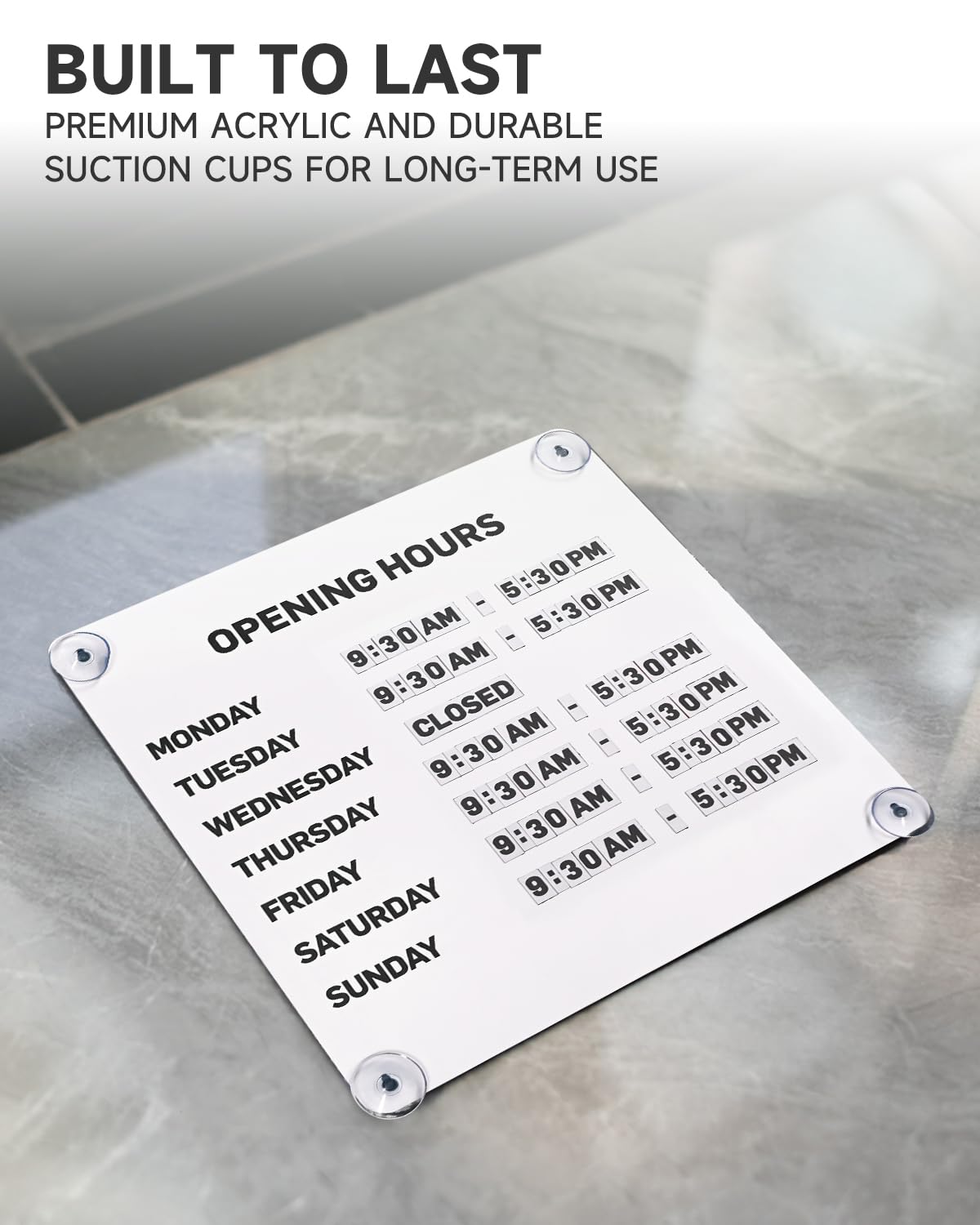 Metal Business Hours Sign with Suction Cups - Magnetic Open Closed Display Board for Storefront Window, Glass Door, Tile Wall & Counter - Changeable, Reusable & Rust-Resistant Steel Kit (White Board)