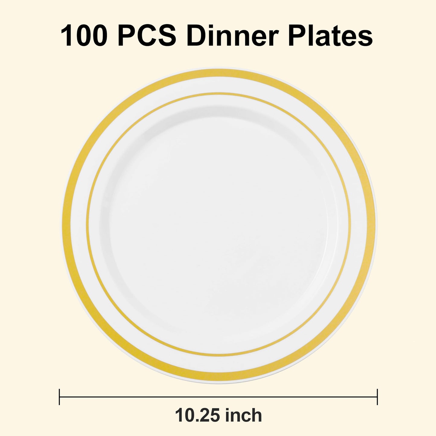 BESTSTAR 100PCS White Plastic Plates for Party, 10.25 Inch Disposable Plates with Gold Rim, Heavy Duty Dinner Plates for Party, Wedding and Birthday