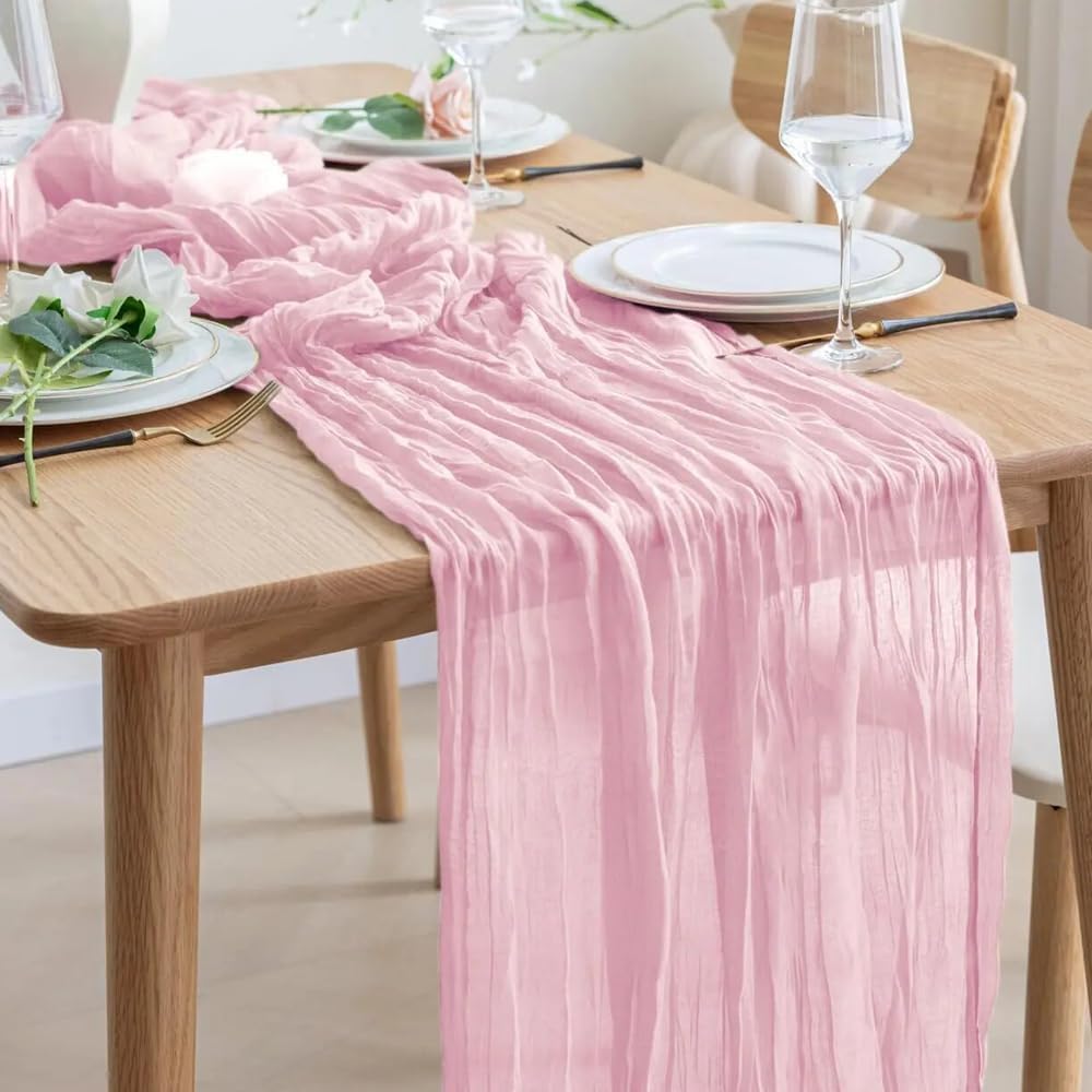 12 Pack Light Pink Cheesecloth Table Runner 35x120 Inch 10Ft Boho Gauze Fabric Table Runner Rustic Sheer Runner for Wedding Birthday Baby Shower Party Boho Table Decoration(Light Pink, 12 Pack)
