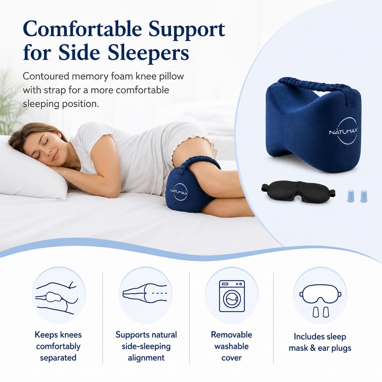 NATUMAX Knee Pillow for Side Sleepers - Relief from Sciatica Pain, Back/Leg Pain, Pregnancy, Hip and Joint Pain Memory Foam Leg Pillow + Free Sleep Mask and Ear Plugs