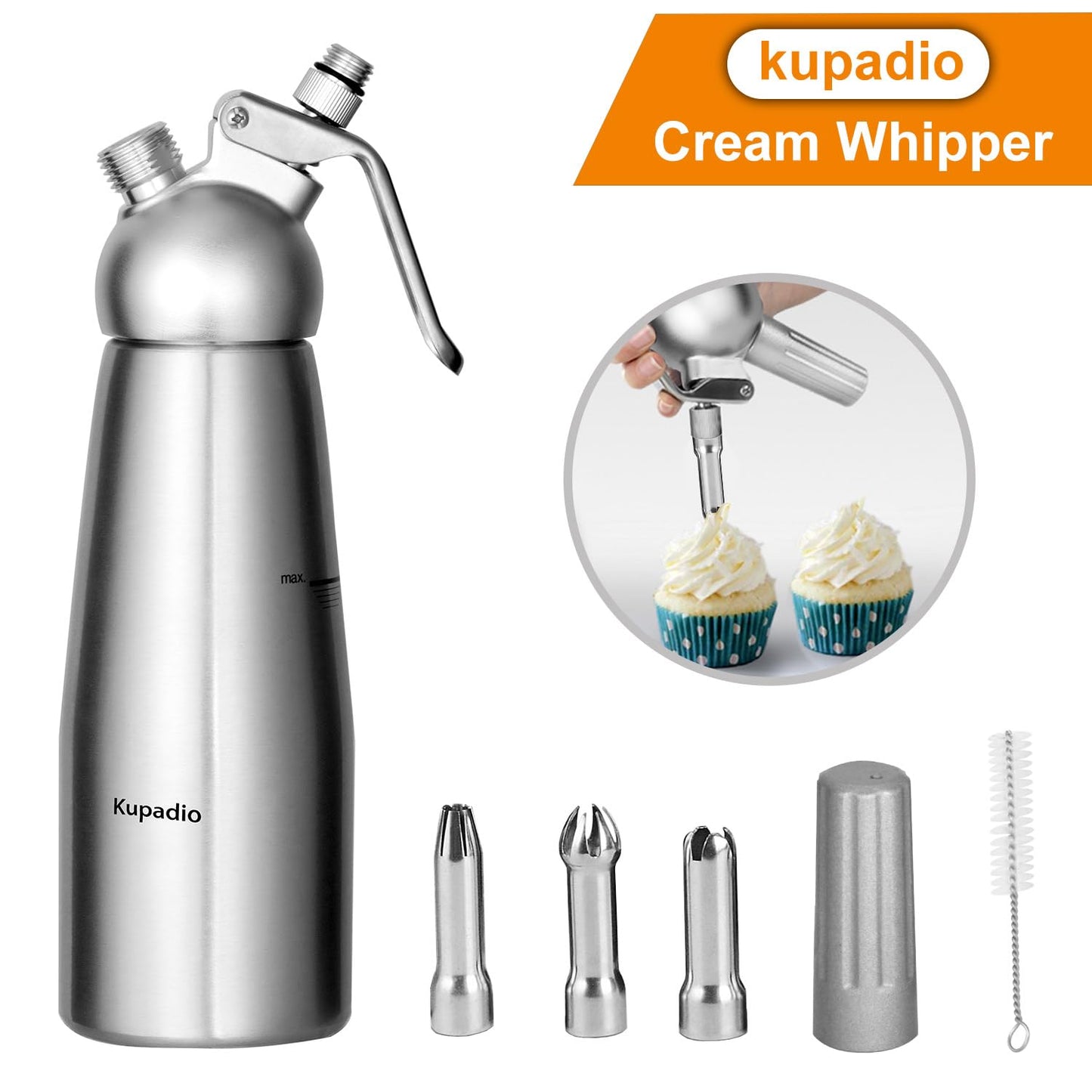 Professional Aluminum Whipped Cream Dispenser Cream Maker 500mL (1 Pint) for Desserts Gourmet Cream Whipper with 3 Decorating Nozzles- N2O Chargers (Not Included)