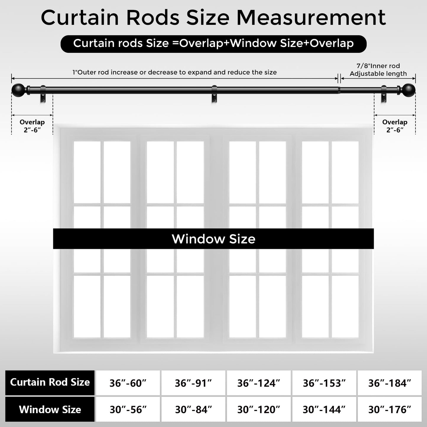 Wolistsa 2 Pack Curtain Rods 36-91 Inch, Black 1 Inch Adjustable Heavy Duty Curtain Rods for Windows, Decorative Modern Window Treatment Rod, Splicing Metal Drapery Pole, Easy Installation