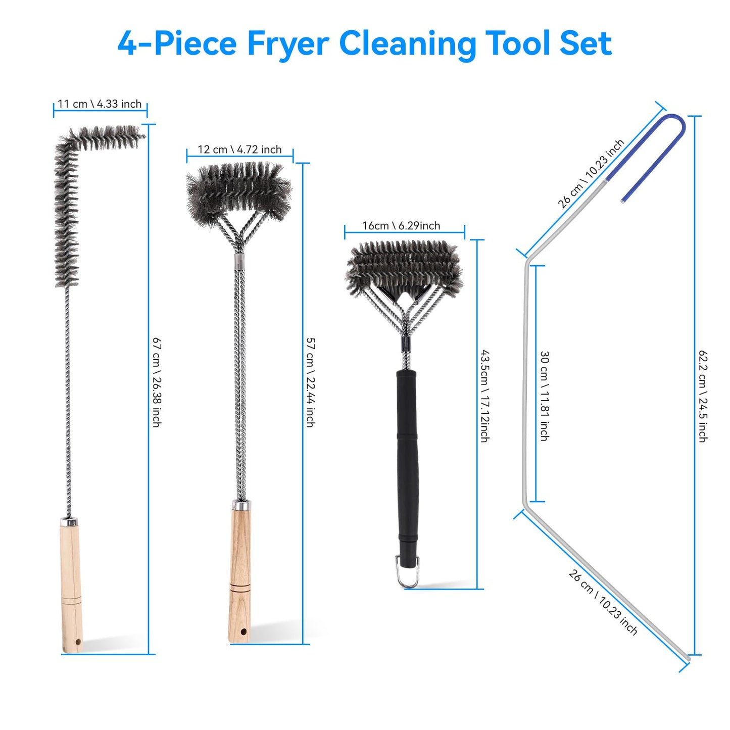 4-Piece Professional Deep Fryer Cleaning Kit - Commercial Stainless Steel Set with Dual-Layer Basket Brush, 3-in-1 Grill Scraper, L-Shape Brush & Drain Wand