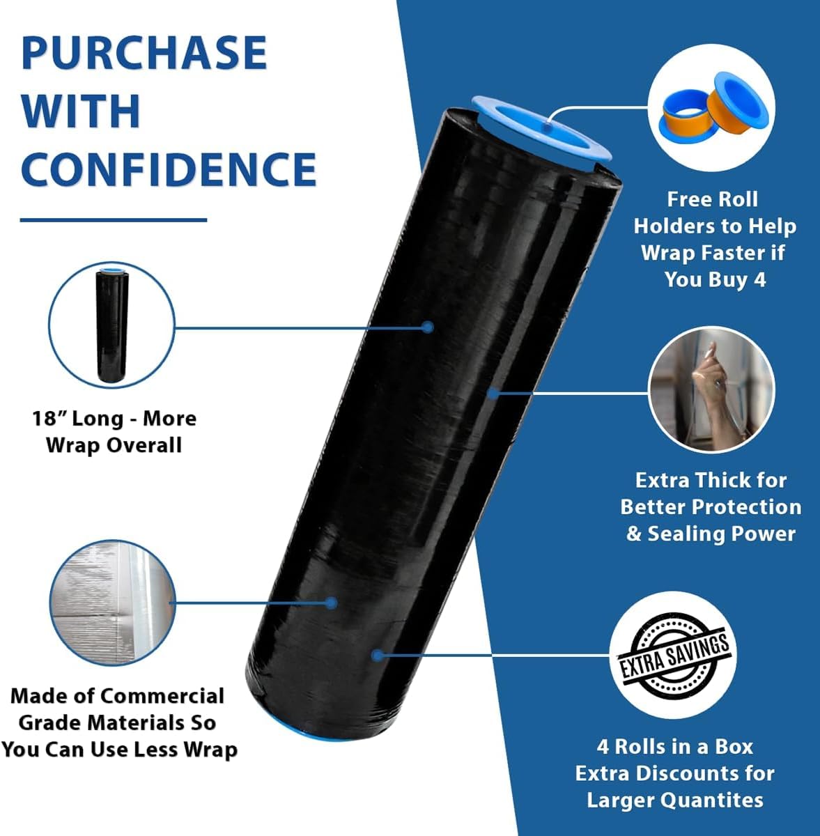 Lifetime Supplies 4 Rolls x 18 Inch x 1500 FT x 80 Gauge [Upgraded] Black Premium Stretch Wrap, Heavy Duty Shrink Film for Shipping, Moving, Sealing - Stronger & Thicker, Durable