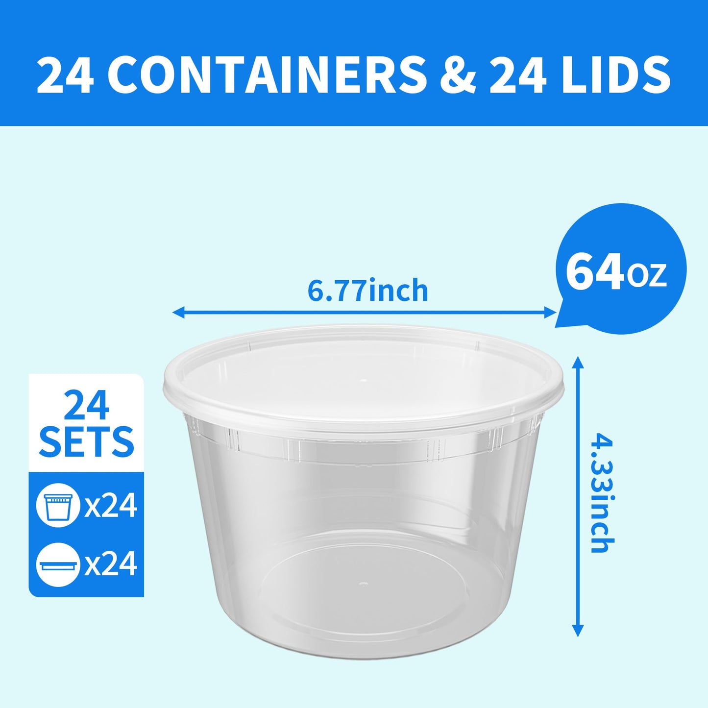 APSIC Plastic Deli Containers with Lids, 24 Sets 64oz Leakproof Soup Storage Containers for Family Soup & Leftovers, Round Meal Prep Cups, BPA Free, Microwave/Freezer/Dishwasher Safe