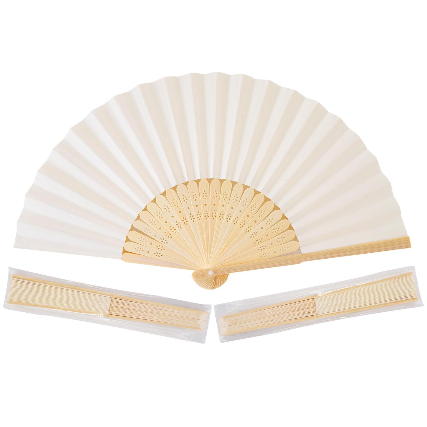 Sepwedd 50pcs Cream-Coloured Paper Hand Fan Bamboo Folding, Handheld Paper Fan for Wedding Party and Home Decoration