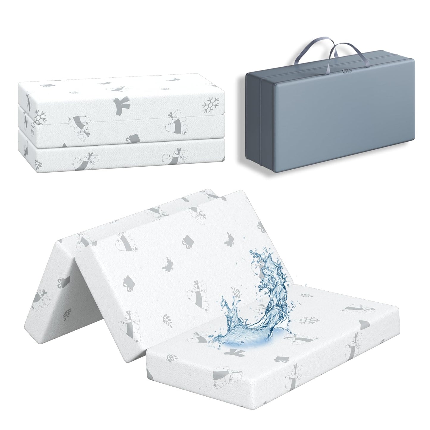 pareler bear 3"x26"x38" Trifold Mattress Topper, Waterproof Breathable Soft Removable Cover, Portable Mattress Pad with Carry Bag for Indoor & Outdoor Use, High Density Medium Firm Foam