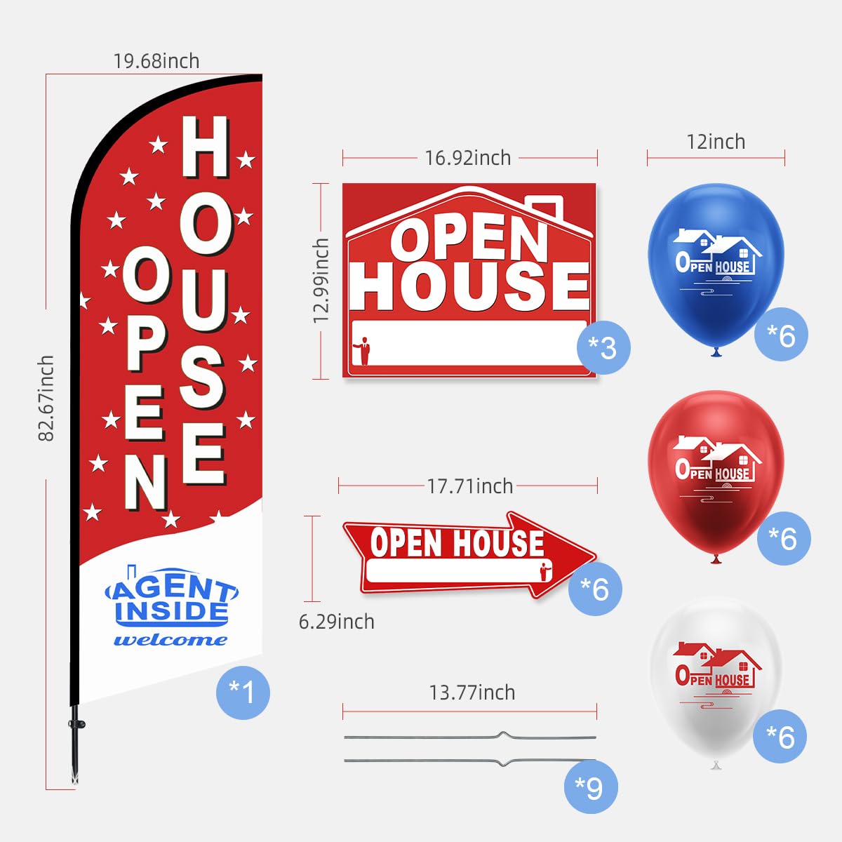 56 Piece Open House Signs for Real Estate Kit, 1 Open House Flag, 9 Double-Sided Estate Sale Arrows and Signs with Metal Stakes, Plus 24 Balloons, Suitable for Real Estate Brokerage Supplies (red)