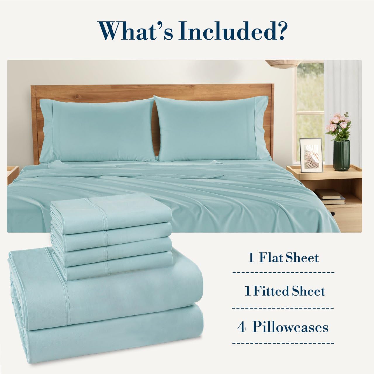 Casa Platino Queen Sheets Sets – 100% Cotton Queen Sheets Cooling with 4 Pillowcases, 15" Deep Pocket Fitted Sheet, Crisp & Smooth Feel, Ultra Soft & Cozy, Fit – Blue Sky
