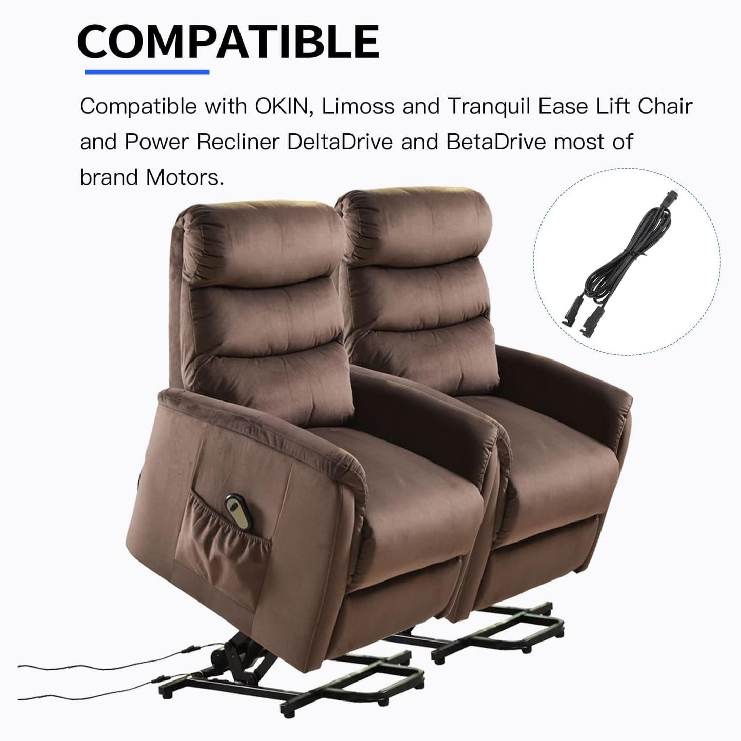 Universal Dual Motor Power Supply Transformer with AC Power Cord, L Shape DC Extension Cable and Y Splitter Cord,29V 2A Recliner Power Supply Kit-4-Piece for Recliner, Lift Chairs and Sofa