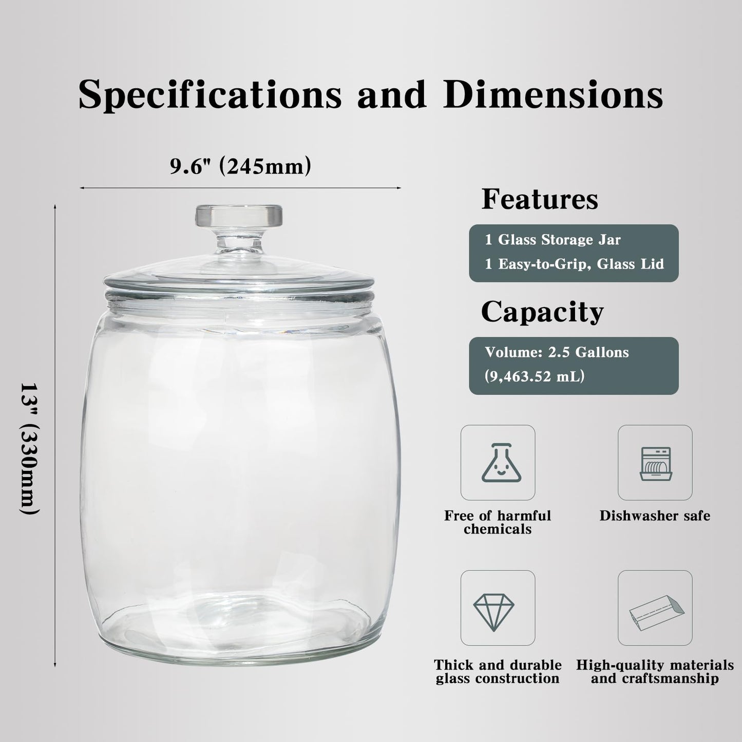 CATPOWER 2.5 Gallon Wide Mouth Glass Storage Jars with Heavy Glass Lids - Large Cookie Jars for Kitchen, Ideal for Flour, Rice, Sugar, Pasta, and Candy