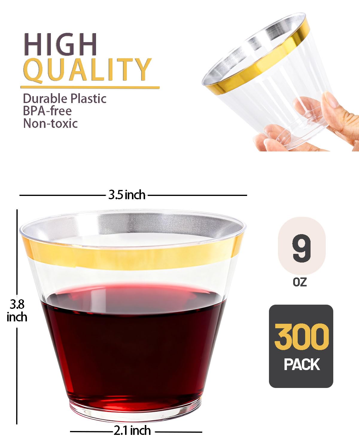 Ciaell 300PCS Gold Plastic Cups - 9Oz Heavy Duty Plastic Cups - Gold Rimmed Disposable Cup - Disposable Clear Wine Cup with Gold Rim for Party & Wedding