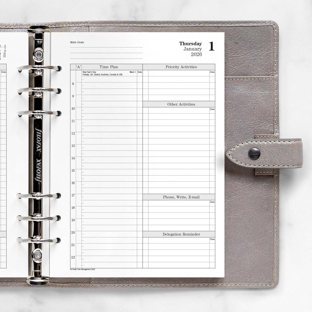 Filofax Calendar Diary Refill, A5 Size, One Day on Two Pages with Appointments, Time Management, White Paper, English, 2026 (CTM7031-26)