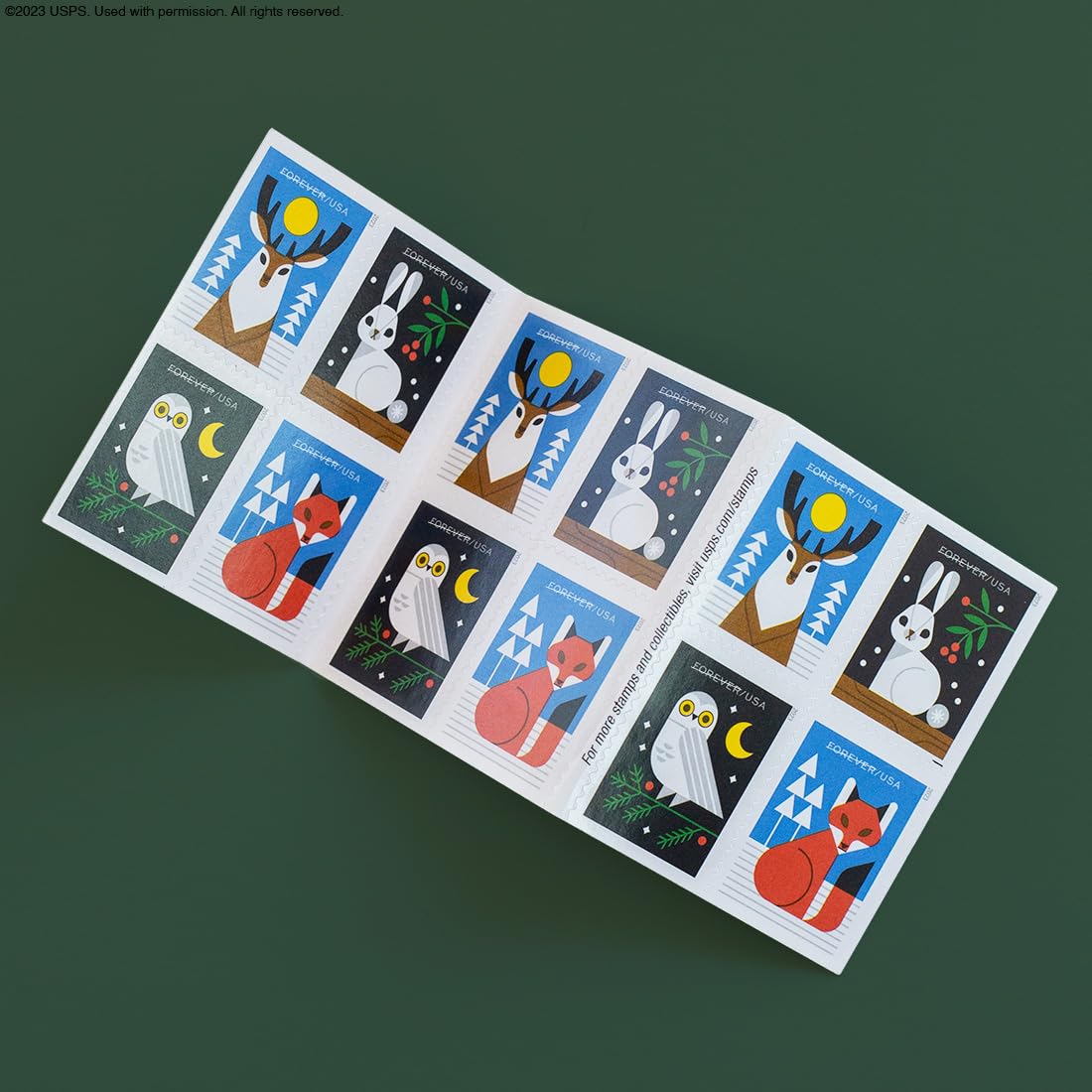 Winter Woodland Animals (2 Booklets of 20) Forever Postage Stamps (a Deer, Fox, Rabbit, and Owl) 2023 Scott #5822-5825,40 Stamps