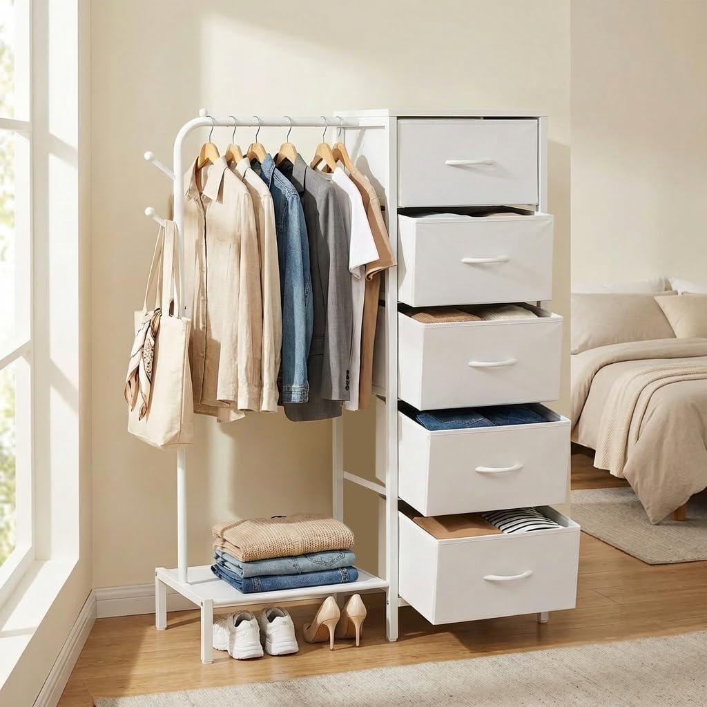 Snughome Dresser with Hanging Rack, Clothes Hanging Rack with 5 Drawers, White Dresser with Clothes Rack, Fabric Storage Chest of Drawers, Small Dresser for Bedroom, Apartments, Entryway Living Room