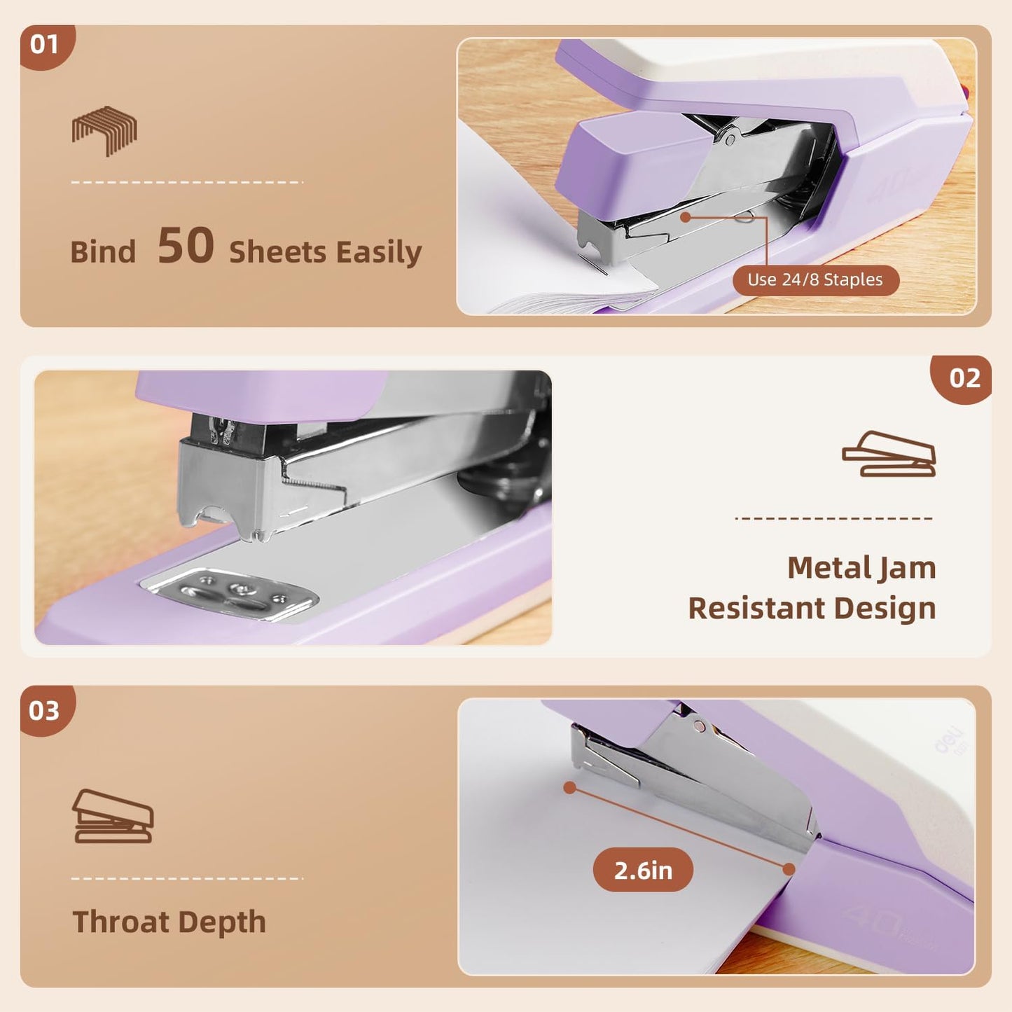 Deli Stapler, Effortless Staplers for Desk, 40-50 Sheet Capacity Heavy Duty, One Touch, No Effort, Easy to Load, with 1500 Staples & Staple Remover, 6 Pack, 3 Colors